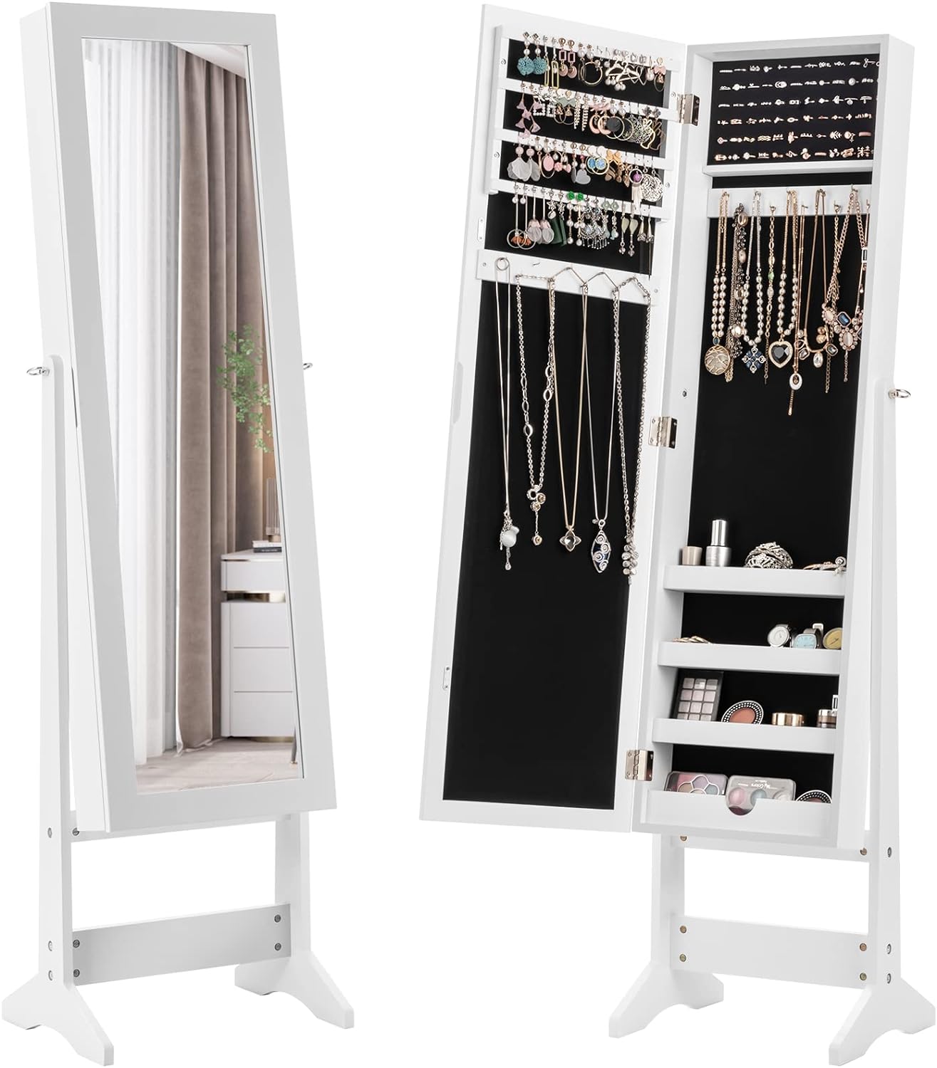 COSTWAY Jewelry Armoire Cabinet, Standing Jewelry Organizer with Full-length Mirror & 3 Adjustable Angles, Large Storage Capacity Jewelry Cabinet for Bedroom, Dressing Room (White)