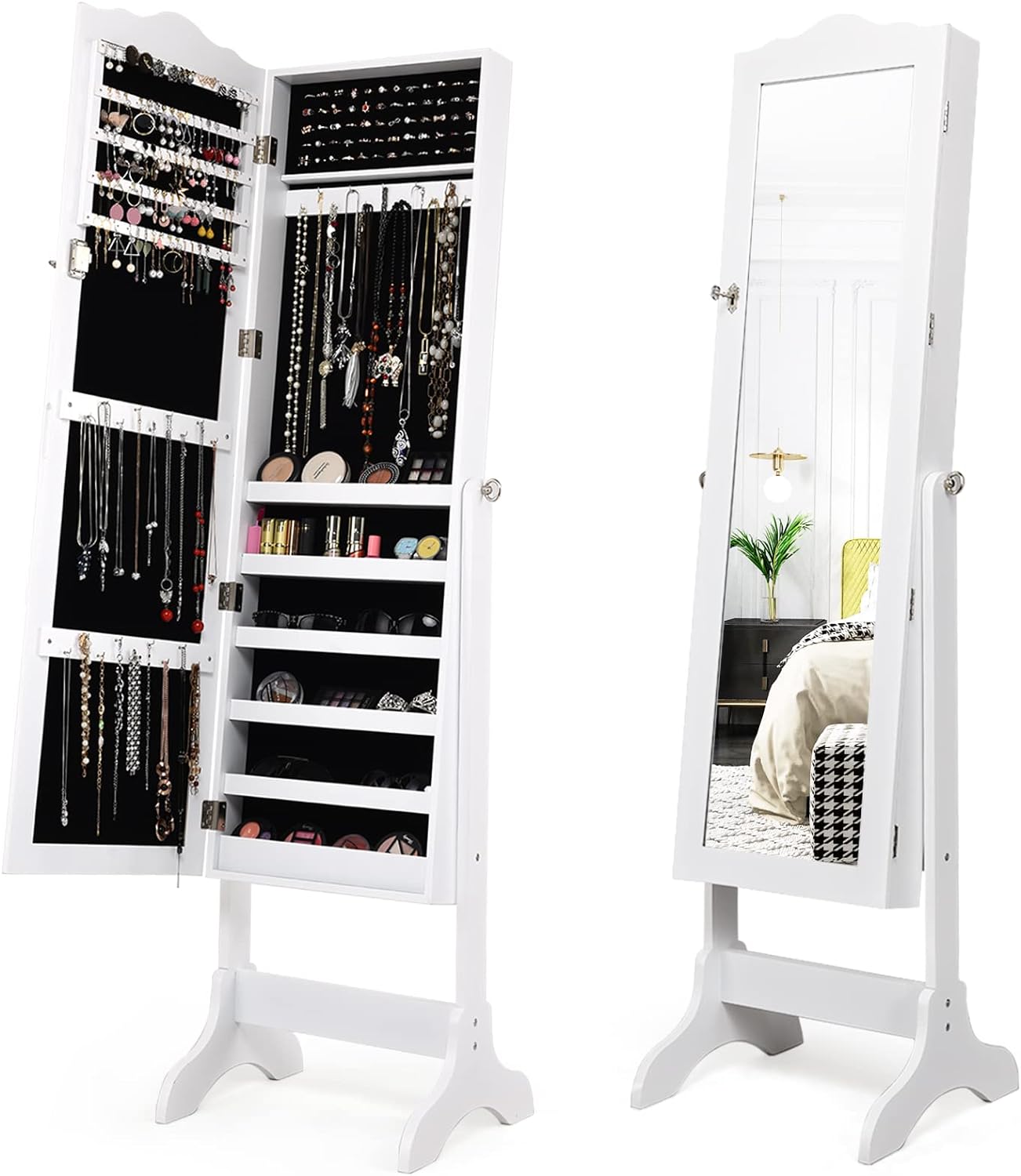 COSTWAY Mirror Jewelry Cabinet, 4-Angle Tilting Jewelry Organizer with Full-length Mirror & Large Storage Capacity, Lockable Standing Jewelry Armoires for Bedroom, Dressing Room (White)