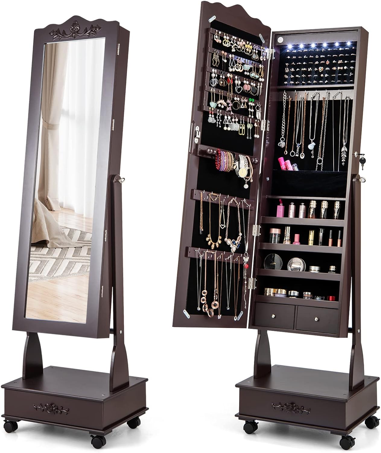 COSTWAY 6 LEDs Mirror Jewelry Cabinet with Wheels, Lockable Jewelry Storage Organizer w/Full-Length Mirror and 3 Adjustable Angles, Floor Standing Jewelry Armoire for Living Room Bedroom (Brown)