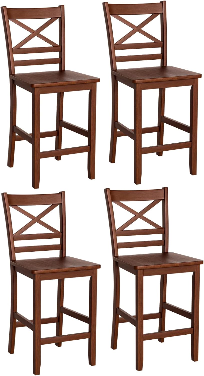 COSTWAY Bar Stools Set of 4, 25'' Antique Kitchen Counter Height Chairs with Wooden X-Shaped Backrest & Rubber Wood Legs, Suitable for Home, Cafe Store, Restaurant (4)