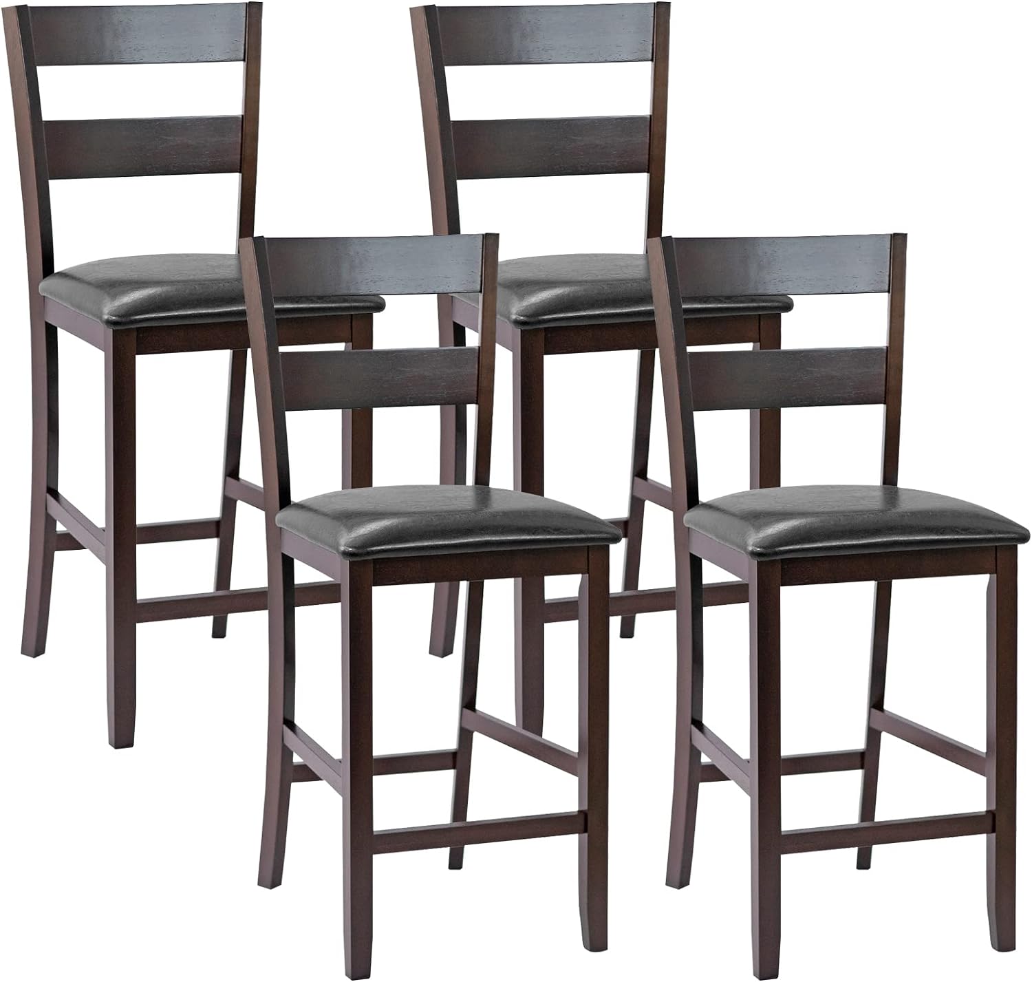 COSTWAY Set of 4 Bar Stools, 25 Counter Height Kitchen Dining Pub Chairs with Soft Padded Seat, PU Leather Cover & Rubber Wood Legs, Suitable for Dining Room, Restaurant & Cafe Store (4)