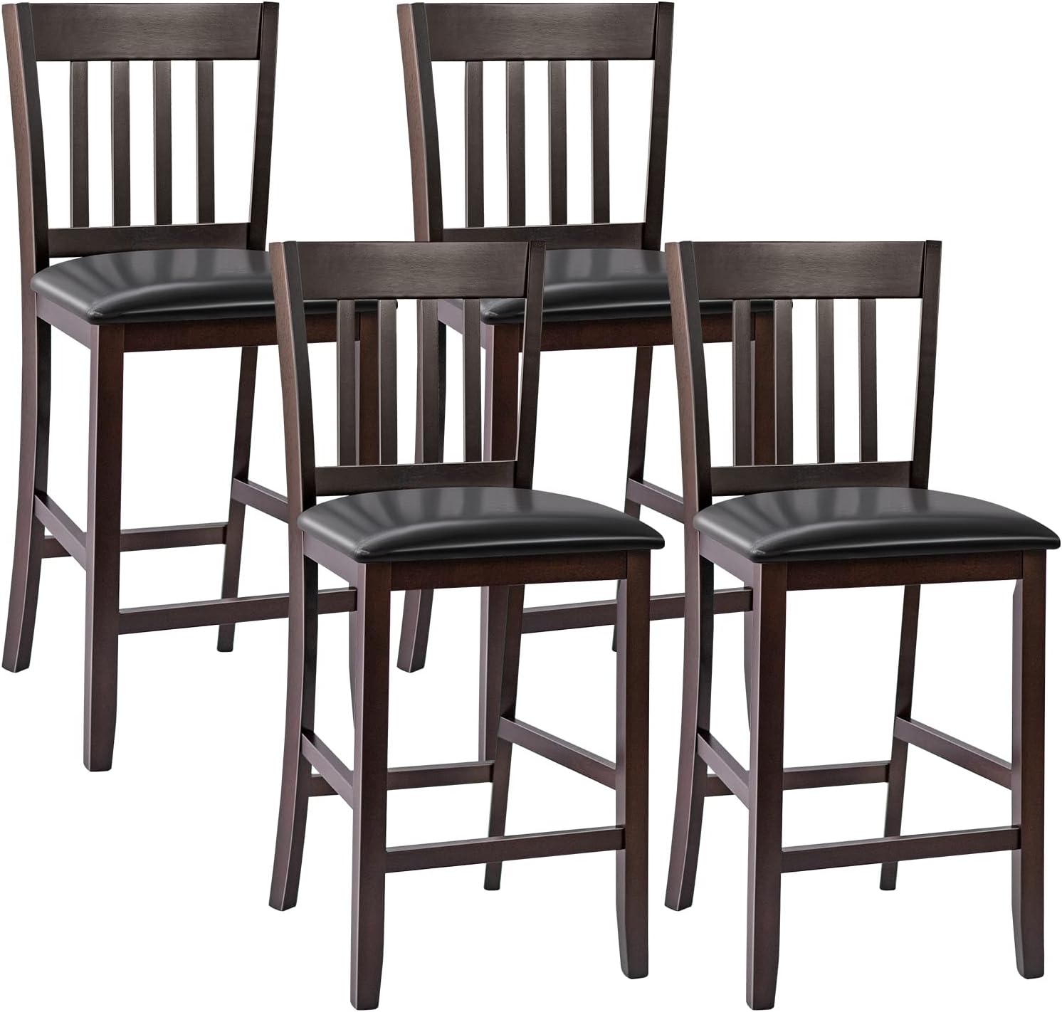 COSTWAY Bar Stools Set of 4, 25 Counter Height Pub Chairs with Rubber Wood Legs, Armless Bar Chairs with Elastic Cushion & PU Cover for Kitchen, Living Room, Bar, Fit Residential Use (4)