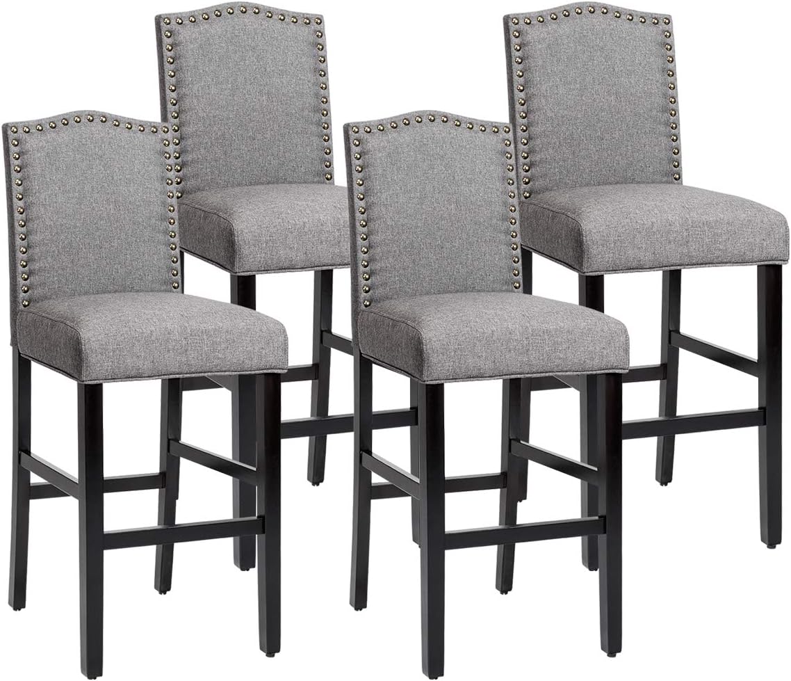 COSTWAY Bar Stools Set of 4, Counter Height Dining Side Barstools, w/Thick Cushion, Linen Surface, Nailhead Trim, Rubber Wood Legs, High Leisure Chairs for Living Room, Kitchen, Dining Room, Gray