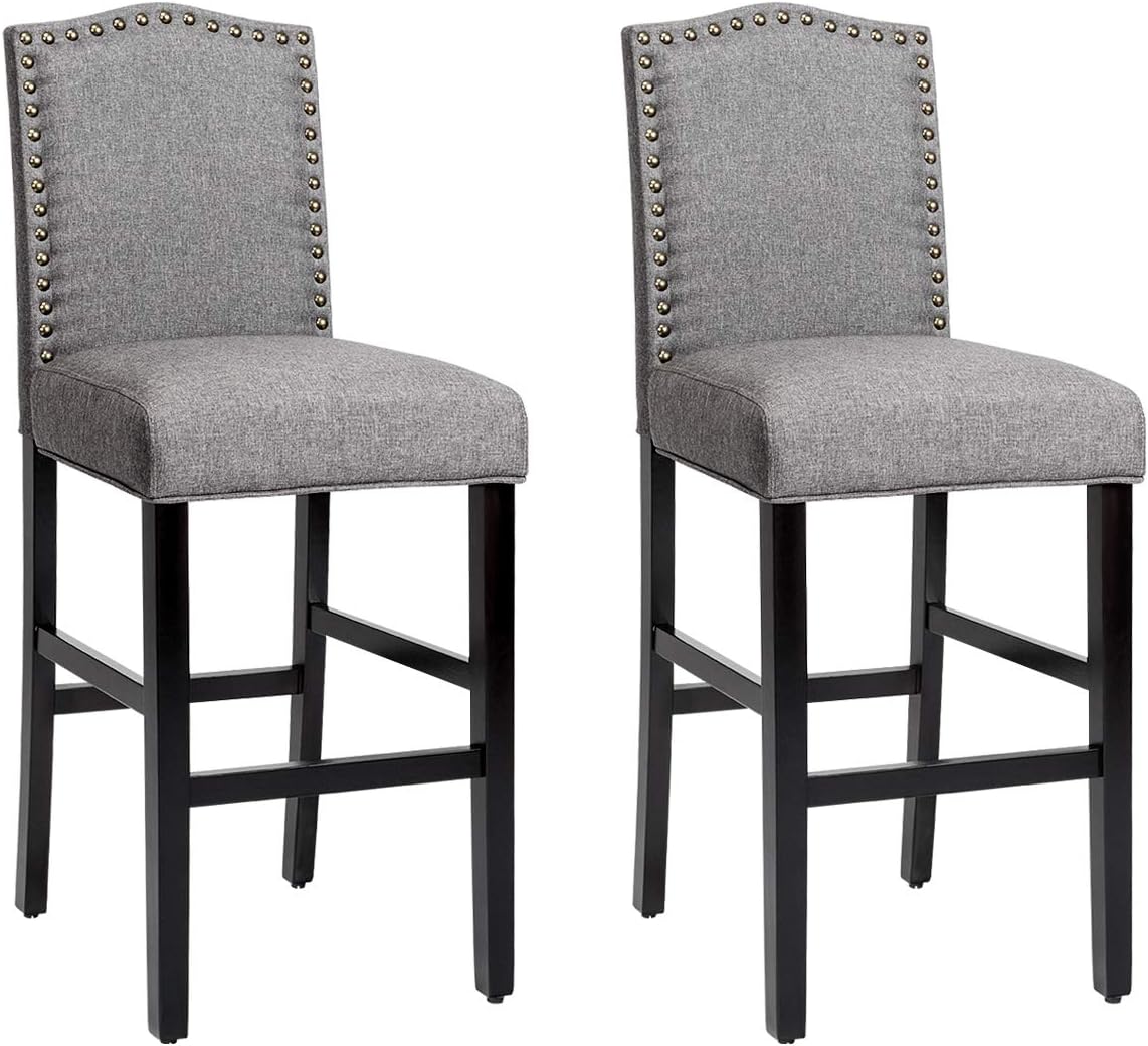 COSTWAY Bar Stools Set of 2, Counter Height Dining Side Barstools, w/Thick Cushion, Linen Surface, Nailhead Trim, Rubber Wood Legs, High Leisure Chairs for Living Room, Kitchen, Dining Room, Gray