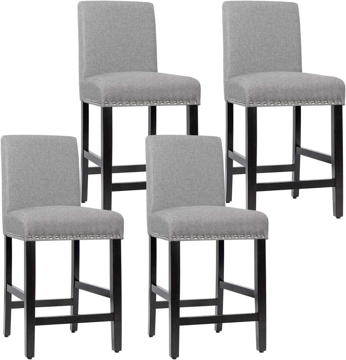 COSTWAY Bar Stools Set of 4, Upholstered Bar Chairs w/Rubber Wood Legs, Breathable Linen Fabric, High Resilience Sponge, Comfortable Backrest, Padded Seat, for Kitchen Dining Room (Gray, 4)