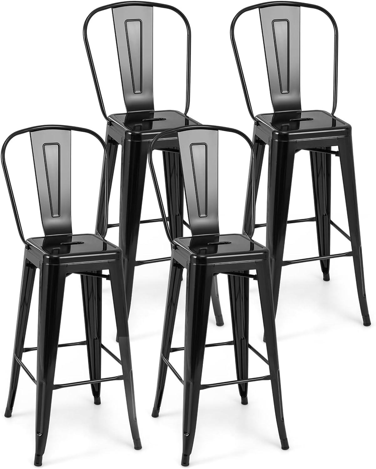 COSTWAY Metal Bar stools Set of 4, with Removable Back, 30'' Bar Height Stools with Rubber Feet, Stylish and Modern Chairs, for Kitchen, Dining Rooms, and Side Bar (Black-Update, 30'')