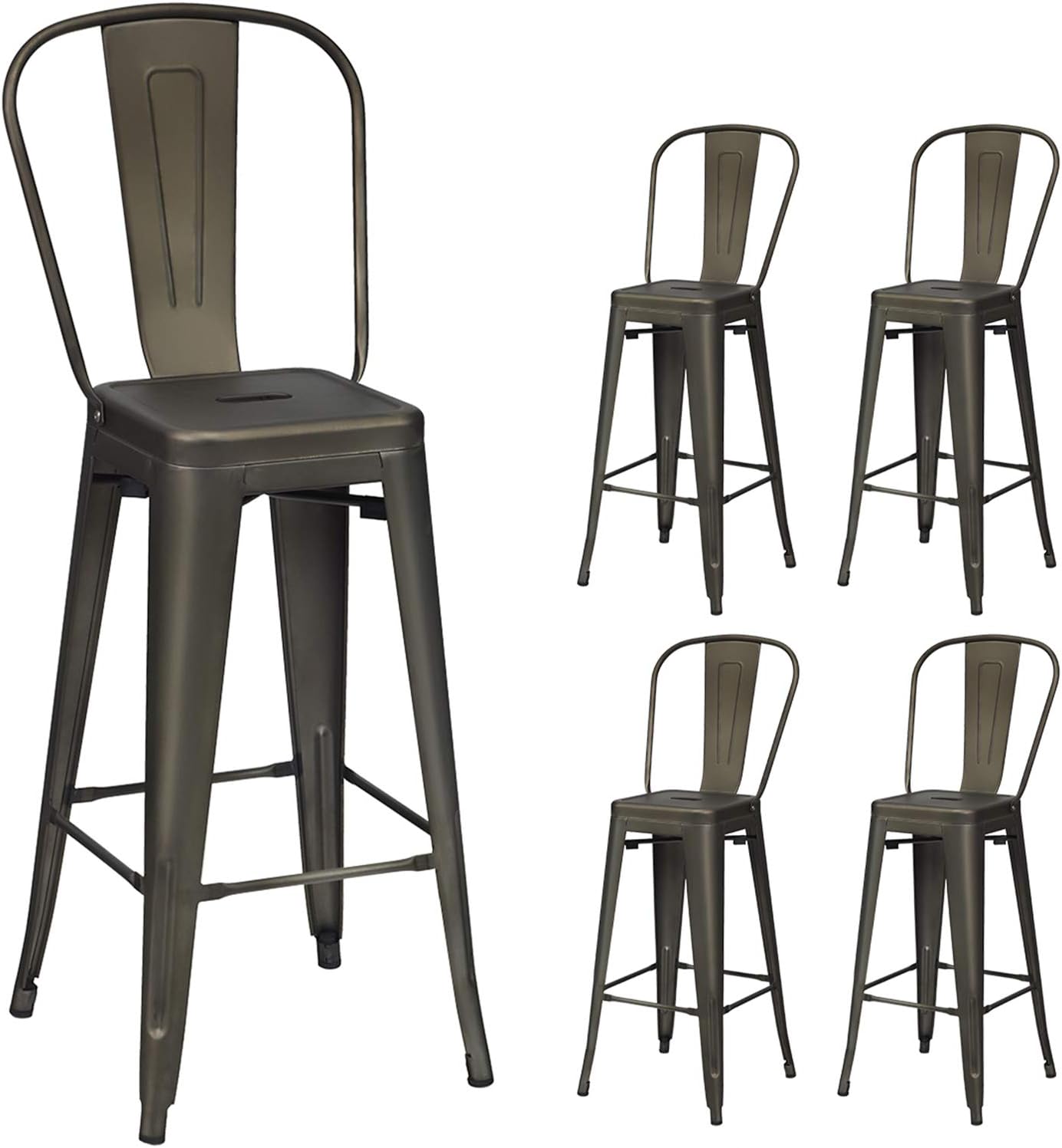 COSTWAY Metal Bar stools Set of 4, with Removable Back, 30'' Bar Height Stools with Rubber Feet, Stylish and Modern Chairs, for Kitchen, Dining Rooms, and Side Bar (Gun-Update, 30'')