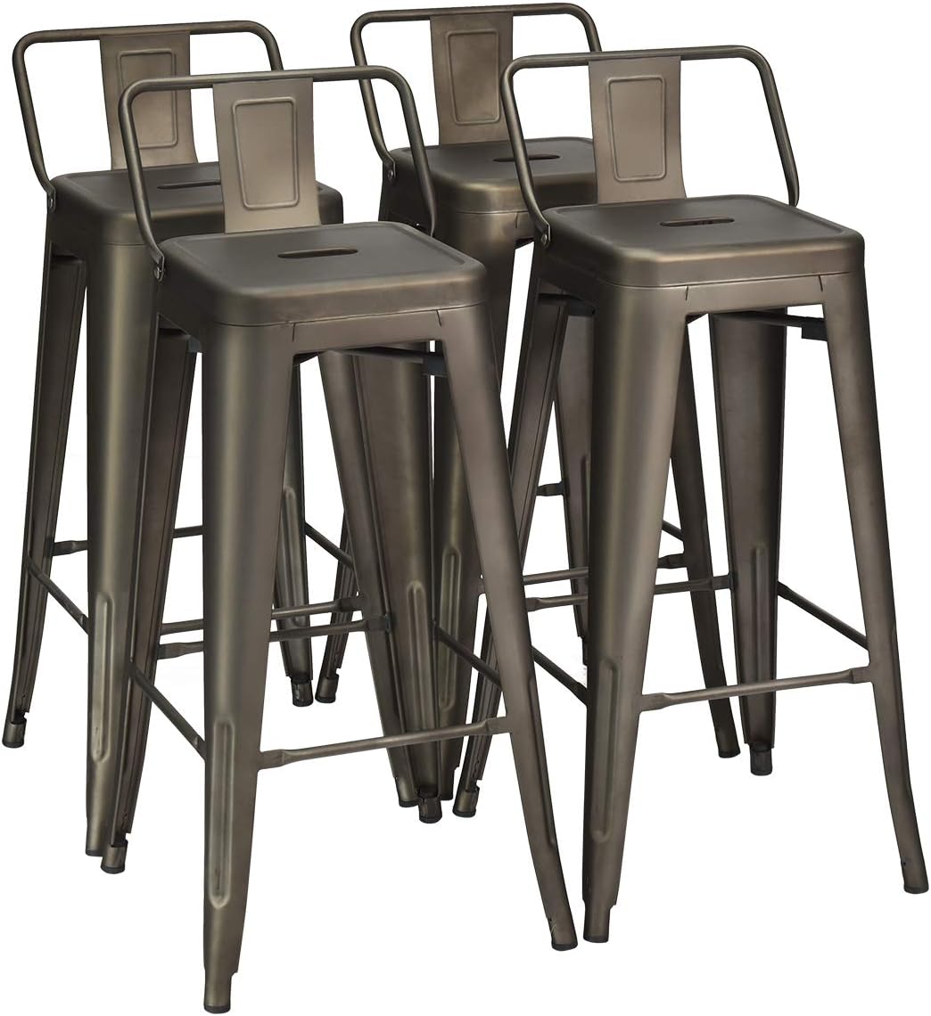 COSTWAY Metal Bar stools Set of 4, with Removable Back, 30'' Bar Height Stools with Rubber Feet, Stylish and Modern Chairs, for Kitchen, Dining Rooms, and Side Bar (Gun, 30'')