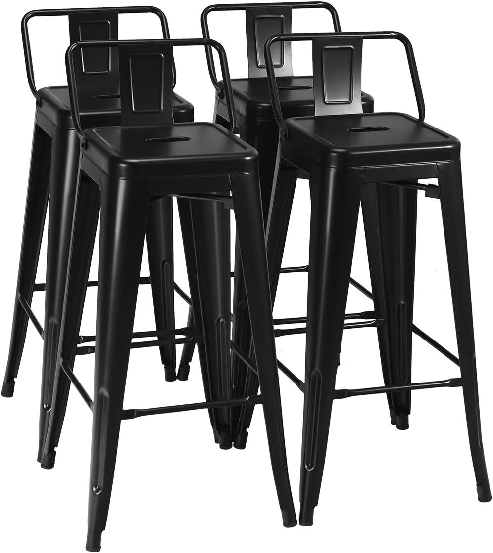 COSTWAY Metal Bar stools Set of 4, with Removable Back, 30 Bar Height with Rubber Feet, Stylish and Modern Chairs, for Kitchen, Dining Rooms, and Side Bar (Black, 30'')