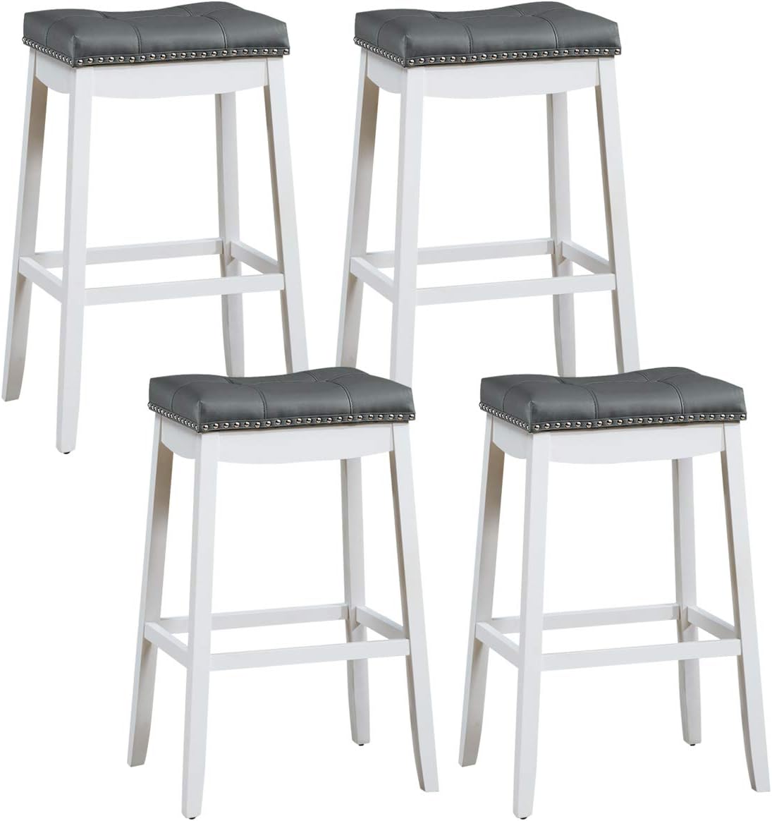 COSTWAY Bar Stools Set of 4, 29-Inch Height Backless Counter Stool with Footrest, Soft Seat Cushion, Wood Legs and Non-Slip Foot Pad, Saddle Stools for Home Kitchen Living Room, Stone Gray+White