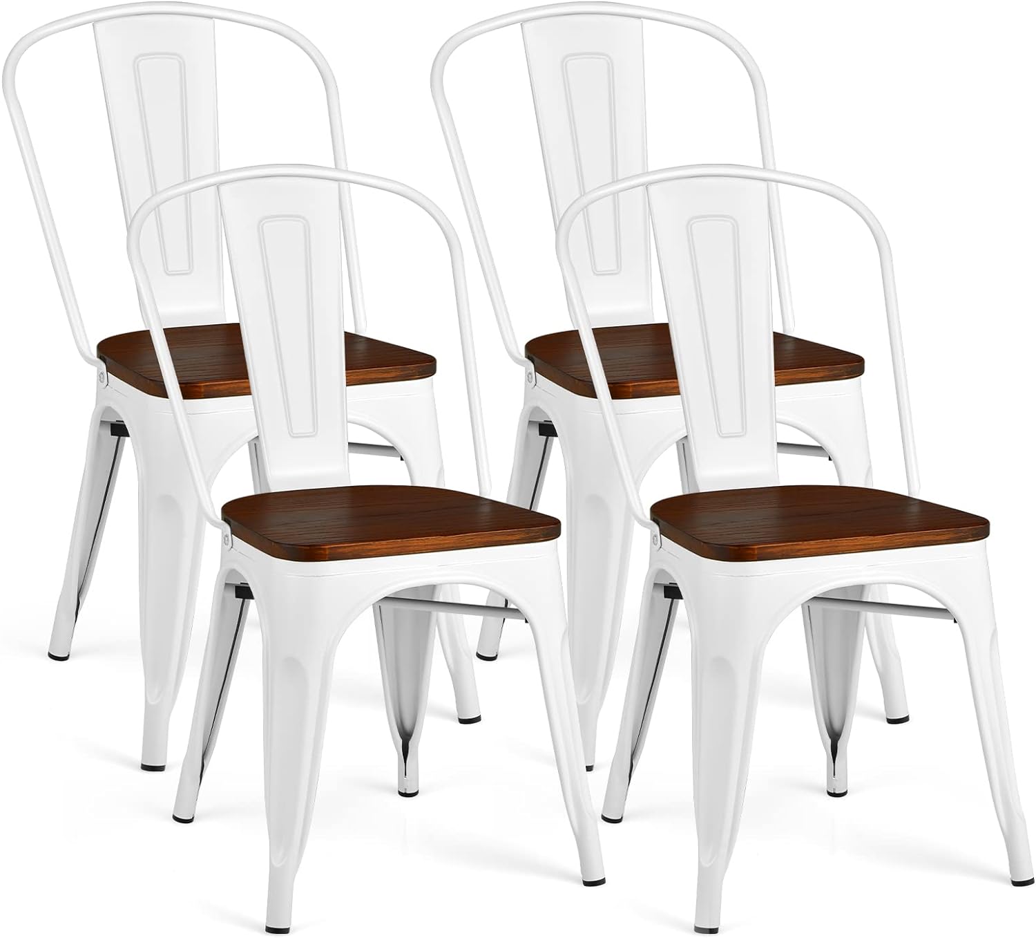 COSTWAY Tolix Style Dining Chairs Industrial Metal Stackable Cafe Side Chair w/Wood Seat Set of 4 (White and Brown)