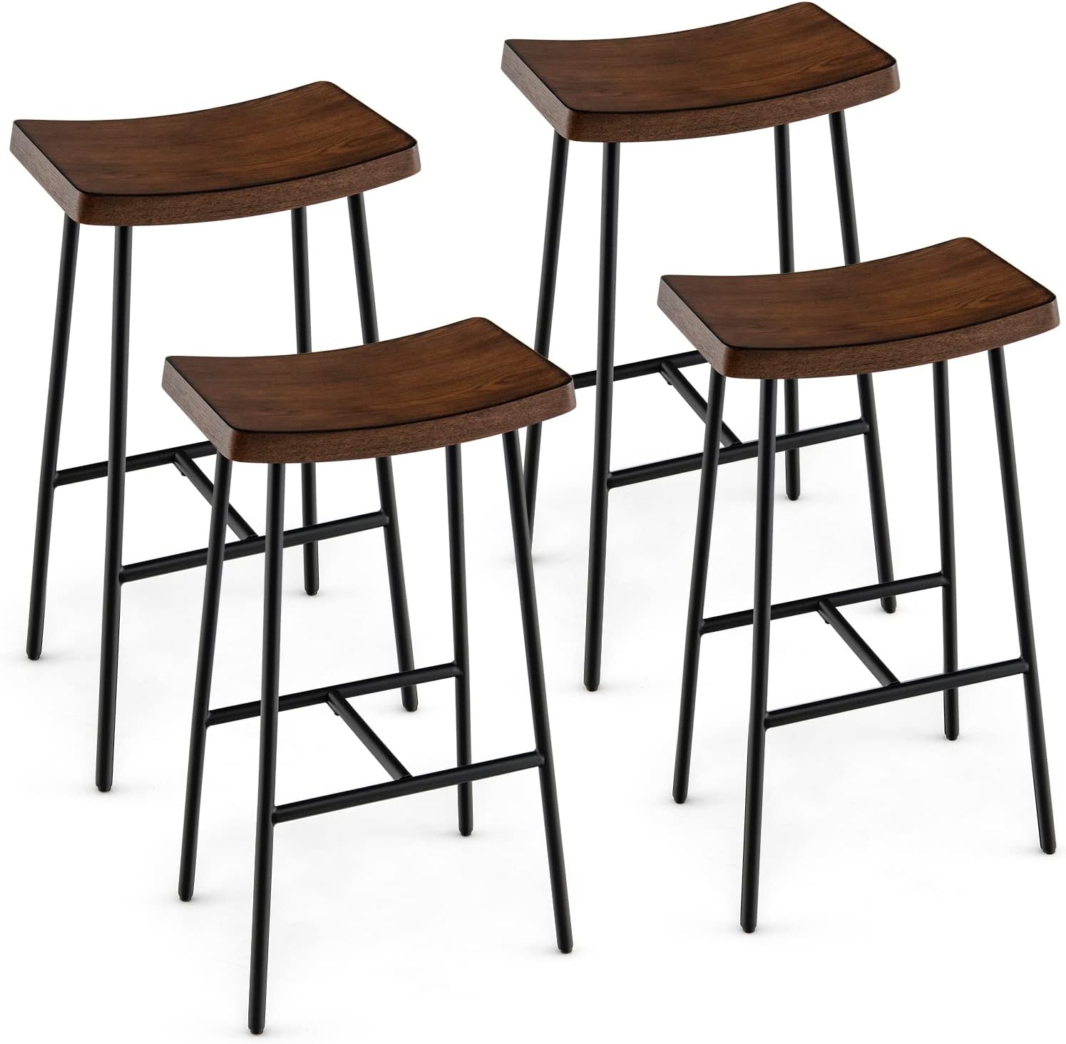 COSTWAY Industrial Saddle Stools Set of 4, 29-Inch Height Backless Bar Stools with Footrest, Adjustable Foot Pads, Counter Chairs for Kitchen Island Dining Living Room, Rustic Brown