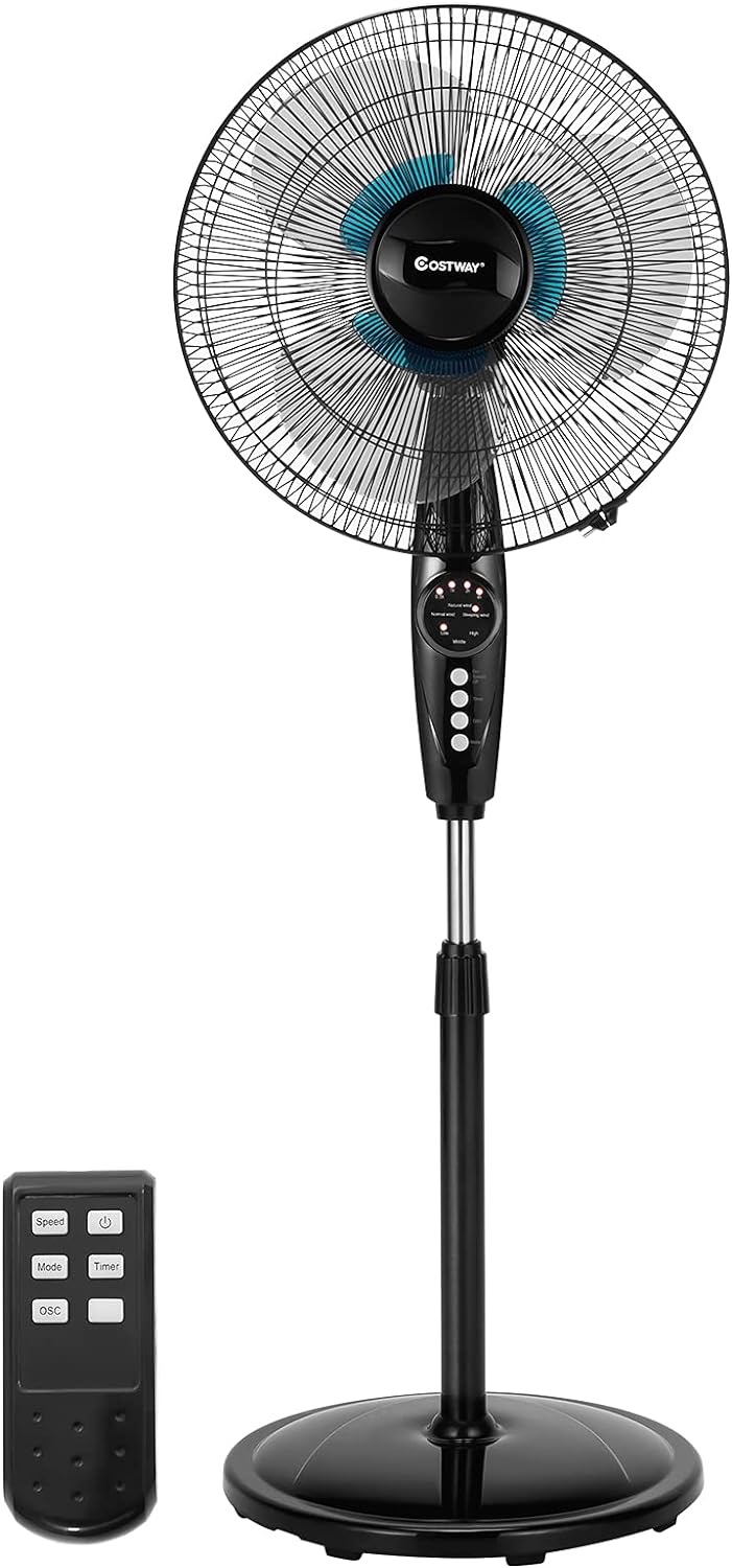 COSTWAY Pedestal Fan, 18-Inch Adjustable Height Fan, 3-Speed Digital Control, Timer, LCD Display, Double Blades, Remote Control, Quiet Oscillating Stand Fan for Home, Office, Bedroom