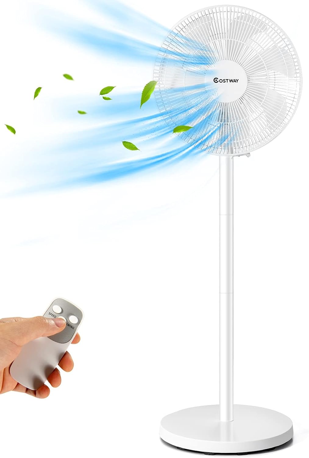 COSTWAY 16-Inch Standing Pedestal Fan, Height Adjustable 90 Oscillating Fan with Remote Control, 3 Wind Speeds & 60 Tilt, Quiet 7-Blade Stand Fan for Bedroom, Living Room, Home, Office, White