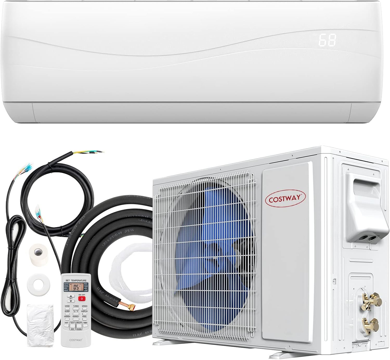 COSTWAY 12000BTU Mini Split Air Conditioner & Heater, 17 SEER2 208-230V Wall-Mounted Ductless AC Unit Cools Rooms up to 750 Sq. Ft, Energy Efficient Inverter AC w/Heat Pump & Installation Kit