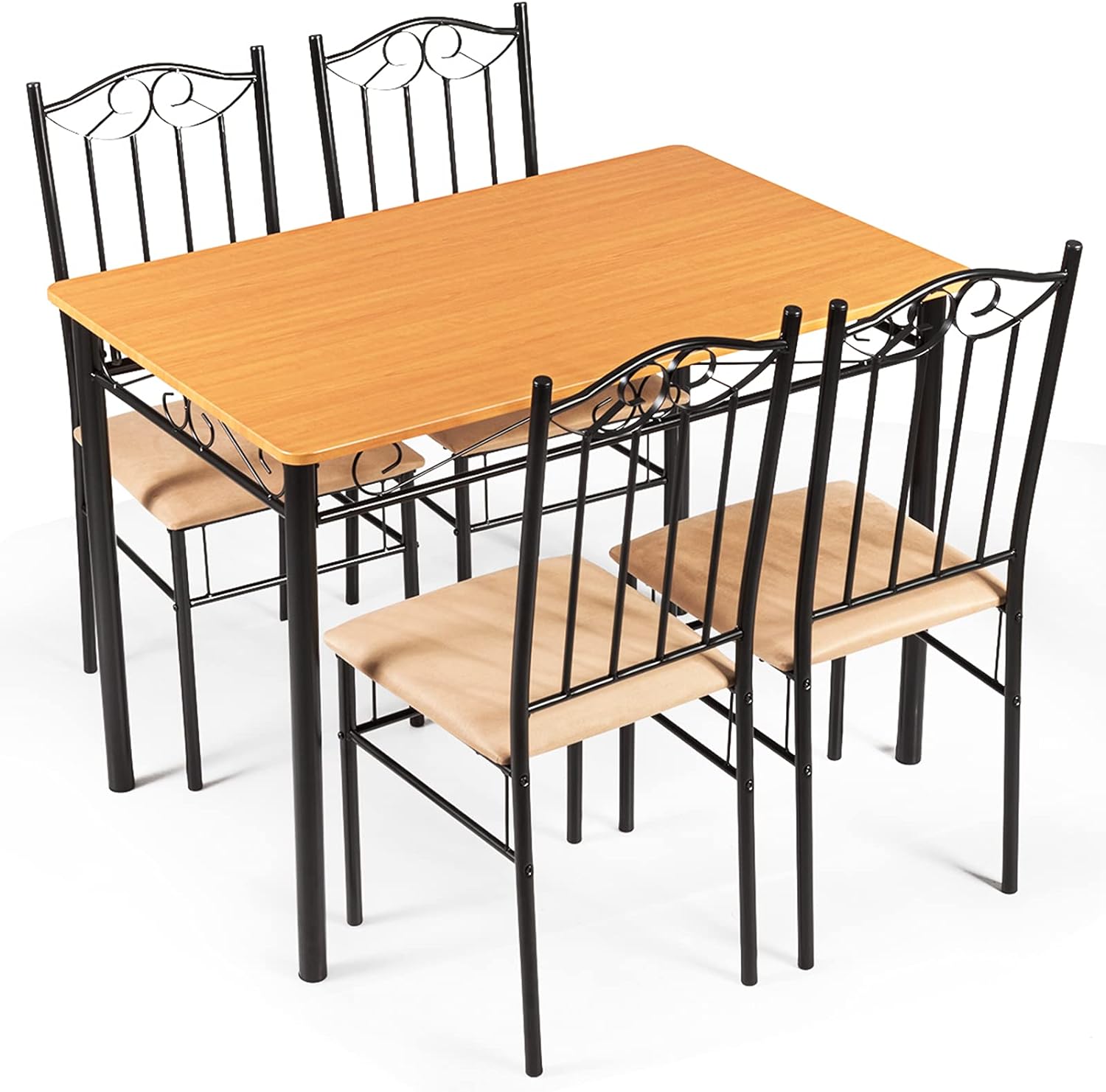 COSTWAY 5 Pcs Dining Table Set, with Metal Framework, Modern Dining Table Set, 5-Piece Dining Room Set, Kitchen Table with 4 Chairs for Home, Restaurant and Caf