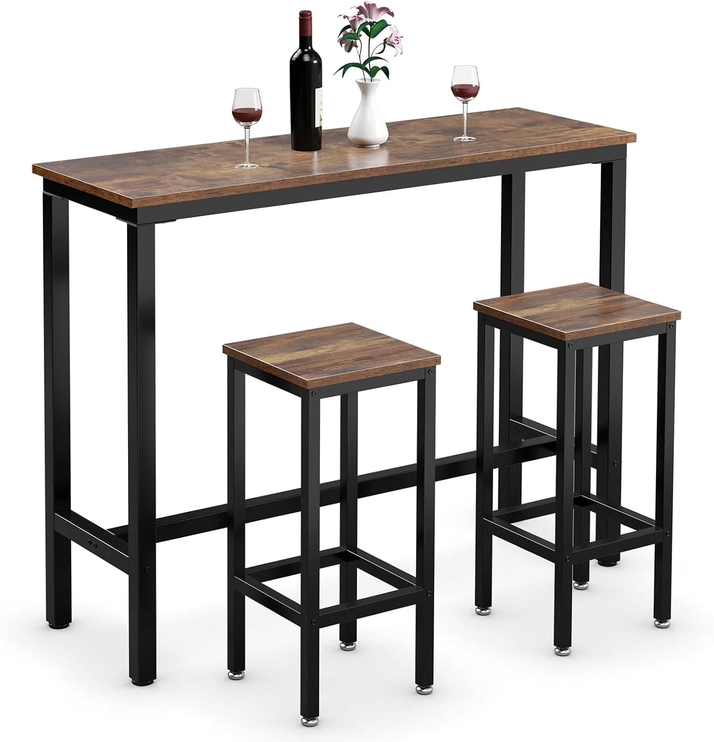 COSTWAY 3-Piece Bar Table Set, 39.5 Bar Table with 2PC 28 Bar Stools, Pub Height Dinning Table Set with Counter Height Backless Stools, Breakfast Table Set for Apartment/Bistro/Pub (Rustic Brown)