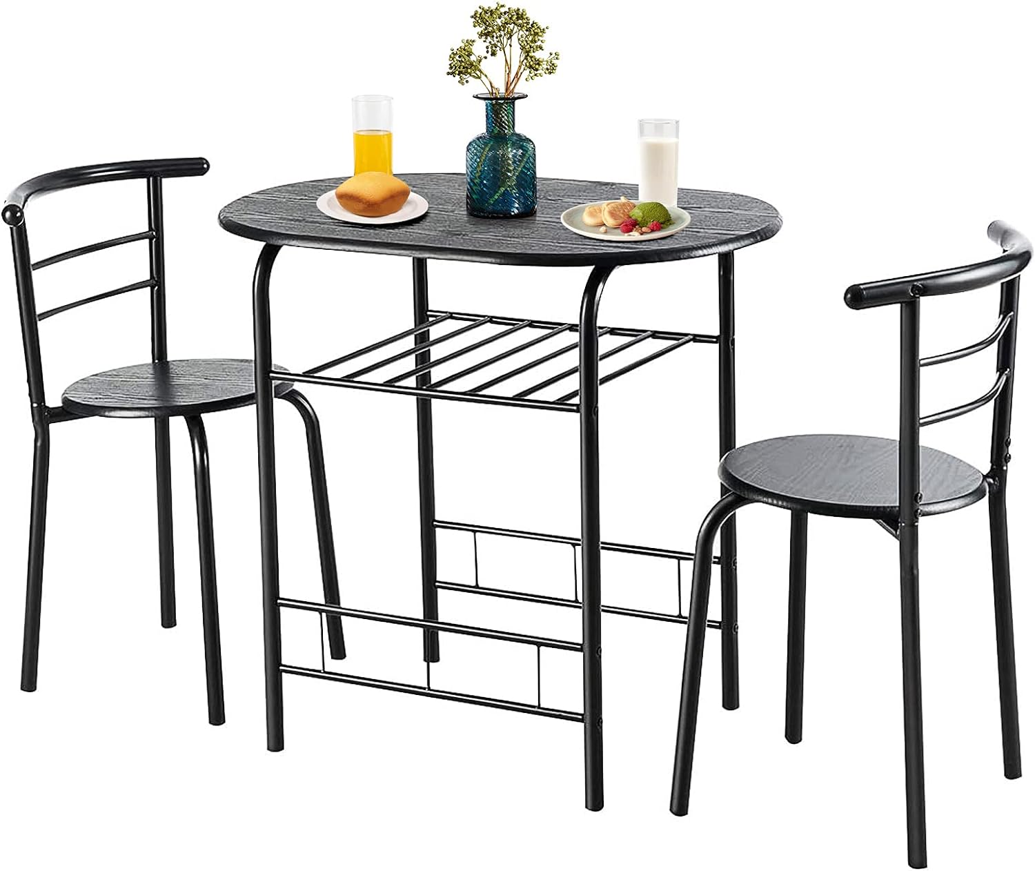 COSTWAY 3 Piece Dining Table Set for 2, Modern Round Table Set with 2 Stools, Pub Table and Chairs Dining Set with Built in Storage Layer, Space Saving for Kitchen, Apartment and Dining Room (Black)