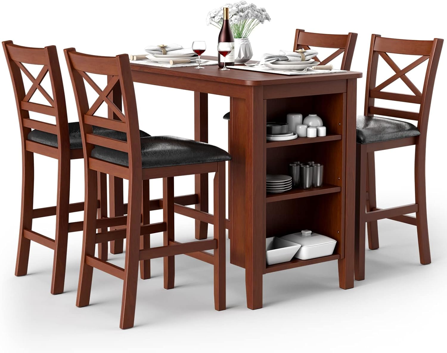 COSTWAY 5 Pieces Dining Table Set, Counter Height Pub Bar Table w/ 4 Upholstered Chairs and Storage Shelves, Bistro Table Set for Kitchen, Dining Room, Antique Walnut & Black (1 Table& 4 Chairs)