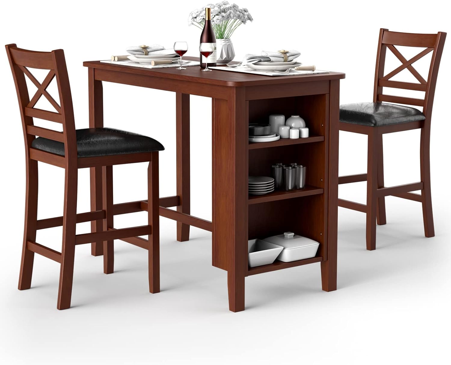 COSTWAY 3 Pieces Dining Table Set, Counter Height Pub Bar Table w/ 2 Upholstered Chairs and Storage Shelves, Bistro Table Set for Kitchen, Dining Room, Antique Walnut & Black (1 Table& 2 Chairs)