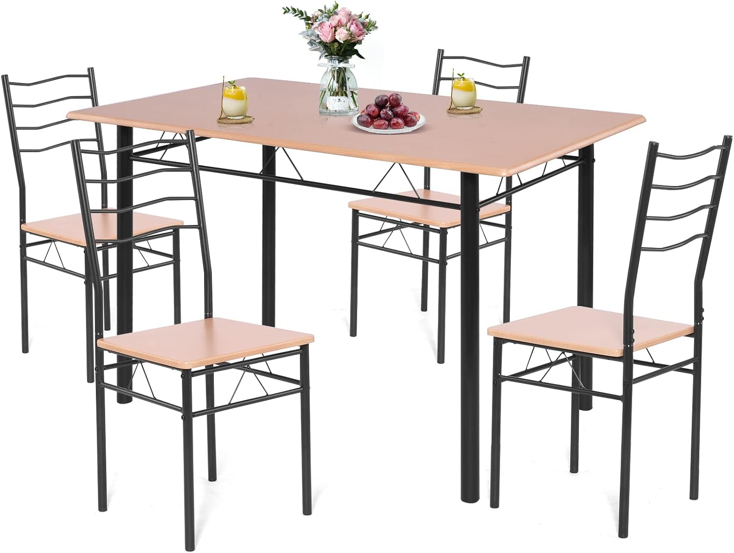 COSTWAY 5 Pieces Dining Room Table Set, Modern Kitchen Table Set with Metal Framework & Anti-Slip Pads, Dining Furniture Set with 4 High Back Chairs for Dining Room, Restaurant and Cafe (Walnut)