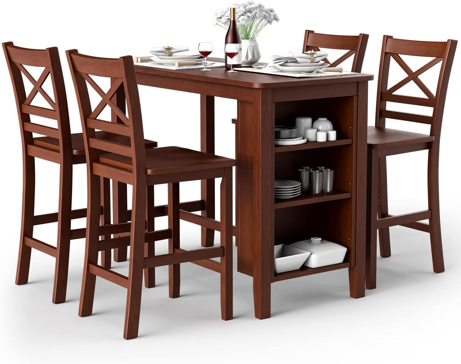 COSTWAY Dining Table Set Set of 5, Counter Height Table Set, Vintage Bar Table w/ 4 Solid Wood Chairs and 3-Tier Storage Shelves, Bistro Set for Home, Cafe Shop, Antique Walnut (1 Table& 4 Chairs)