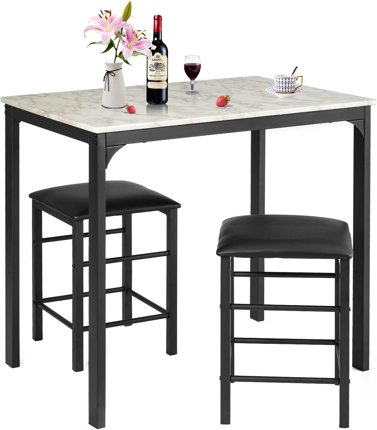 COSTWAY 3 Pieces Dining Table Set, 2 Person Kitchen Breakfast Table and Chair Set Pub Table and Chairs Set, Counter Height Dining Table Set with 2 Bar Stools (Black&White)