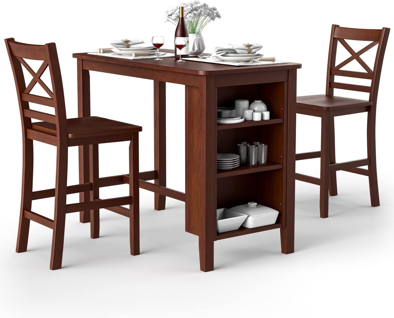 COSTWAY Dining Table Set Set of 3, Counter Height Table Set, Vintage Bar Table w/ 2 Chairs and 3-Tier Storage Shelves, Compact Bistro Set for Home, Cafe Shop, Antique Walnut (1 Table& 2 Chairs)