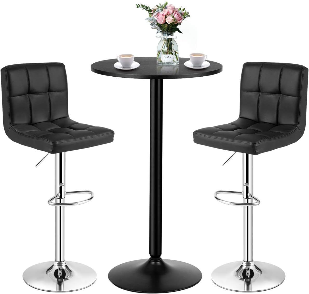 COSTWAY 3-Piece Bar Table Set, Round Cocktail Table and PU Leather Adjustable Swivel Chairs, Modern Counter Height Table Set with 2 Bar Stool for Kitchen, Office (Black)