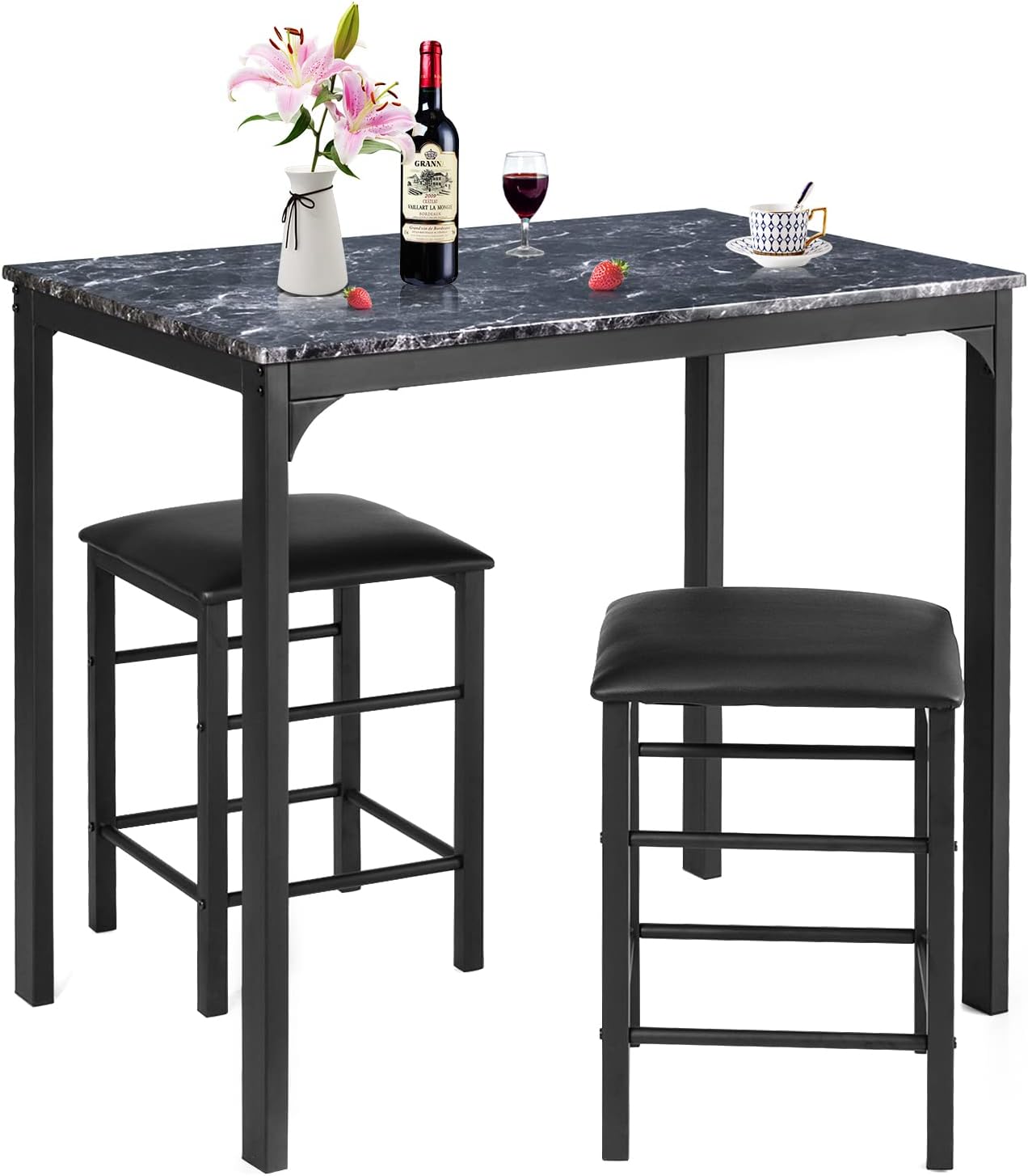 COSTWAY 3 Pieces Dining Table Set, 2 Person Kitchen Breakfast Table and Chair Set Pub Table and Chairs Set, Counter Height Dining Table Set with 2 Bar Stools (Black)