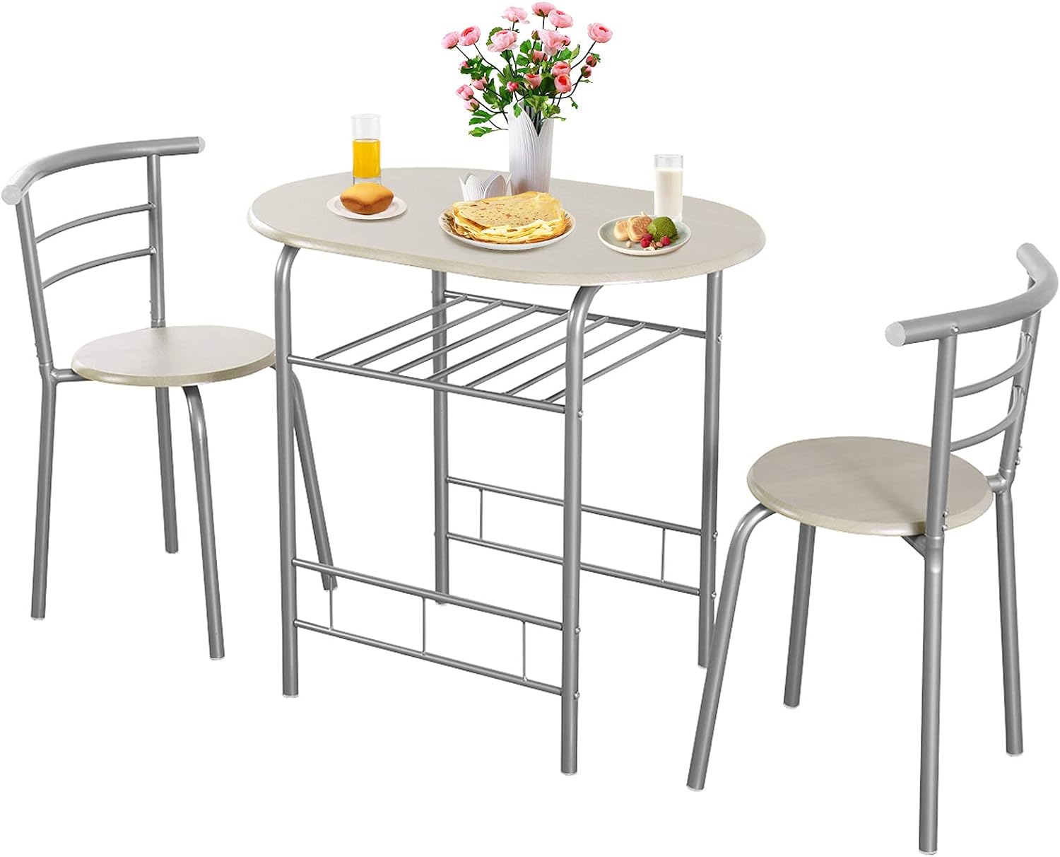 COSTWAY 3 Piece Dining Table Set for 2, Modern Round Table Set with 2 Stools, Pub Table and Chairs Dining Set with Built in Storage Layer, Space Saving for Kitchen, Apartment and Dining Room (Gray)