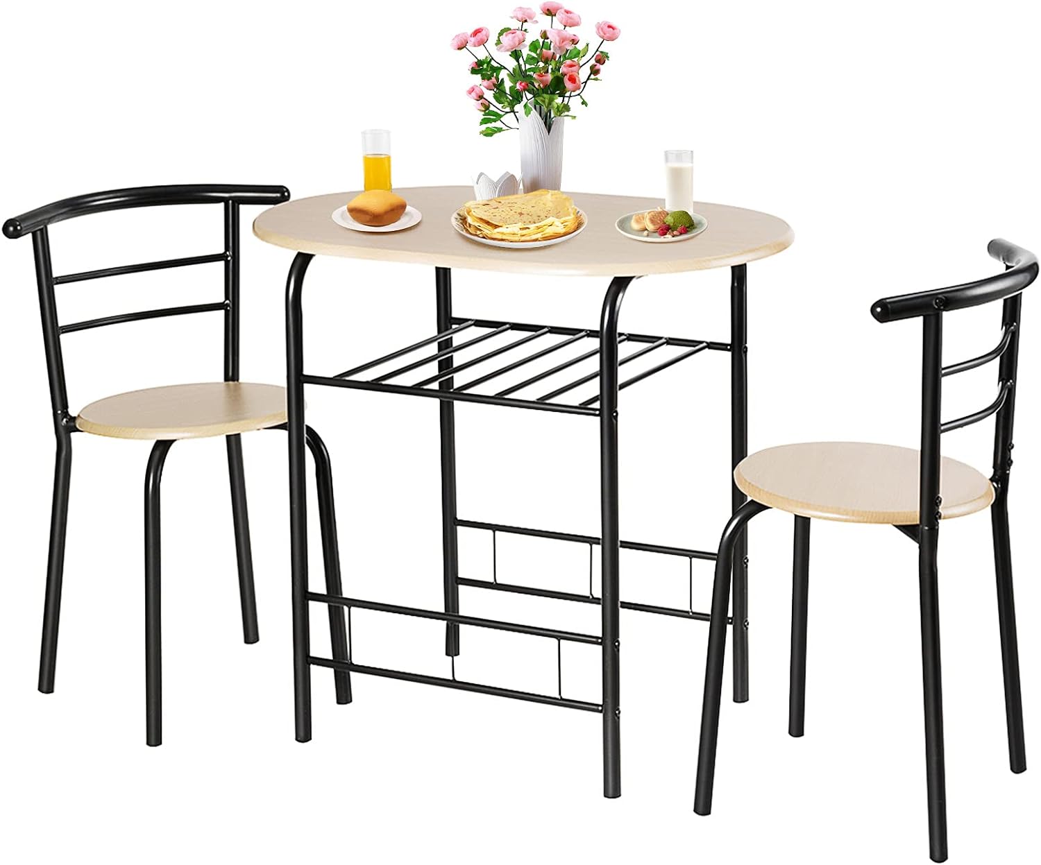 COSTWAY 3 Piece Dining Table Set for 2, Modern Round Table Set with 2 Stools, Pub Table and Chairs Dining Set with Built in Storage Layer, Space Saving for Kitchen, Apartment and Dining Room (Natural)