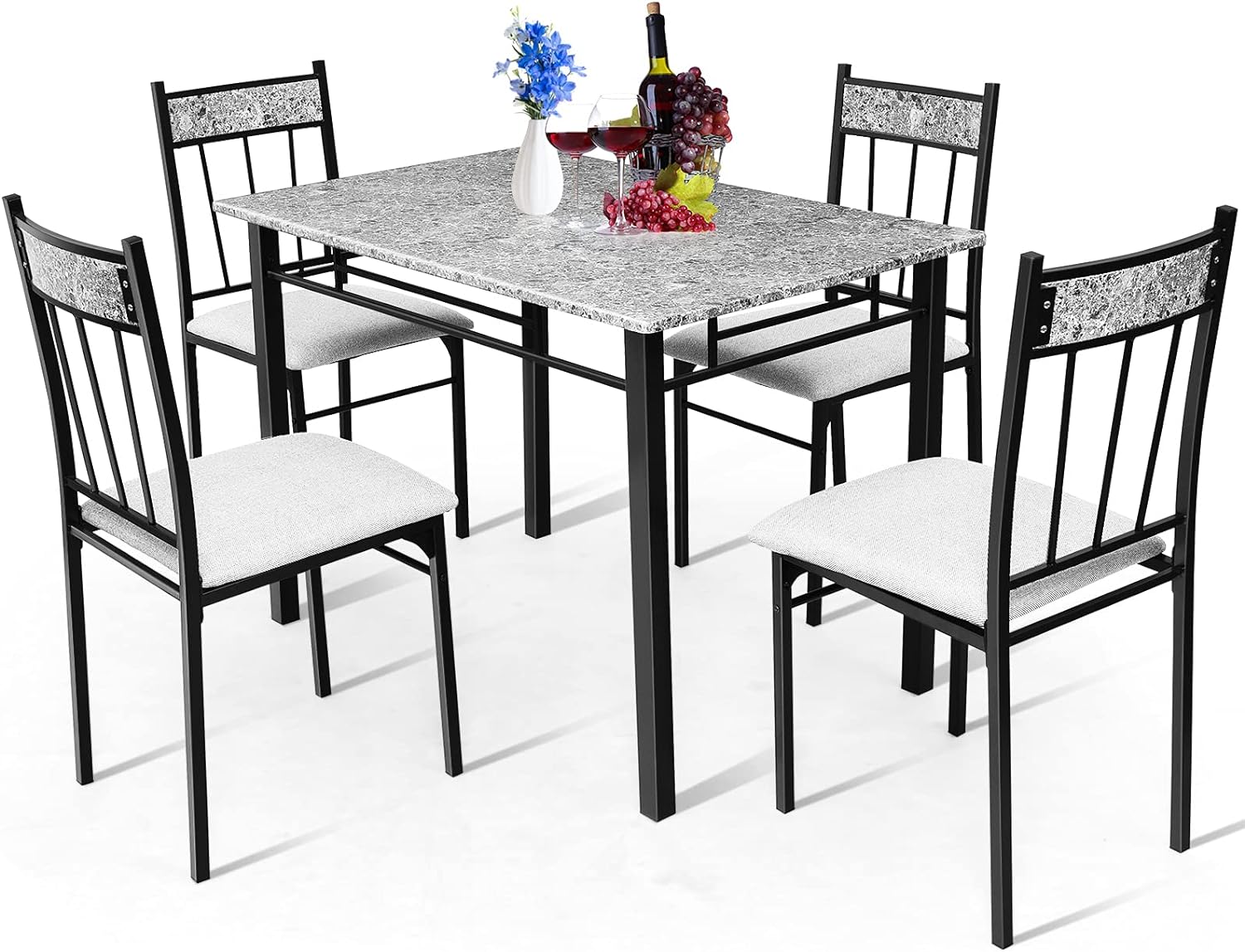 COSTWAY 5-Piece Kitchen Dining Set, Marble Dining Table Set with Sponge Cushion and Metal Structure, Modern Kitchen Table Set for Apartment, Restaurant and Cafe, Grey and Black