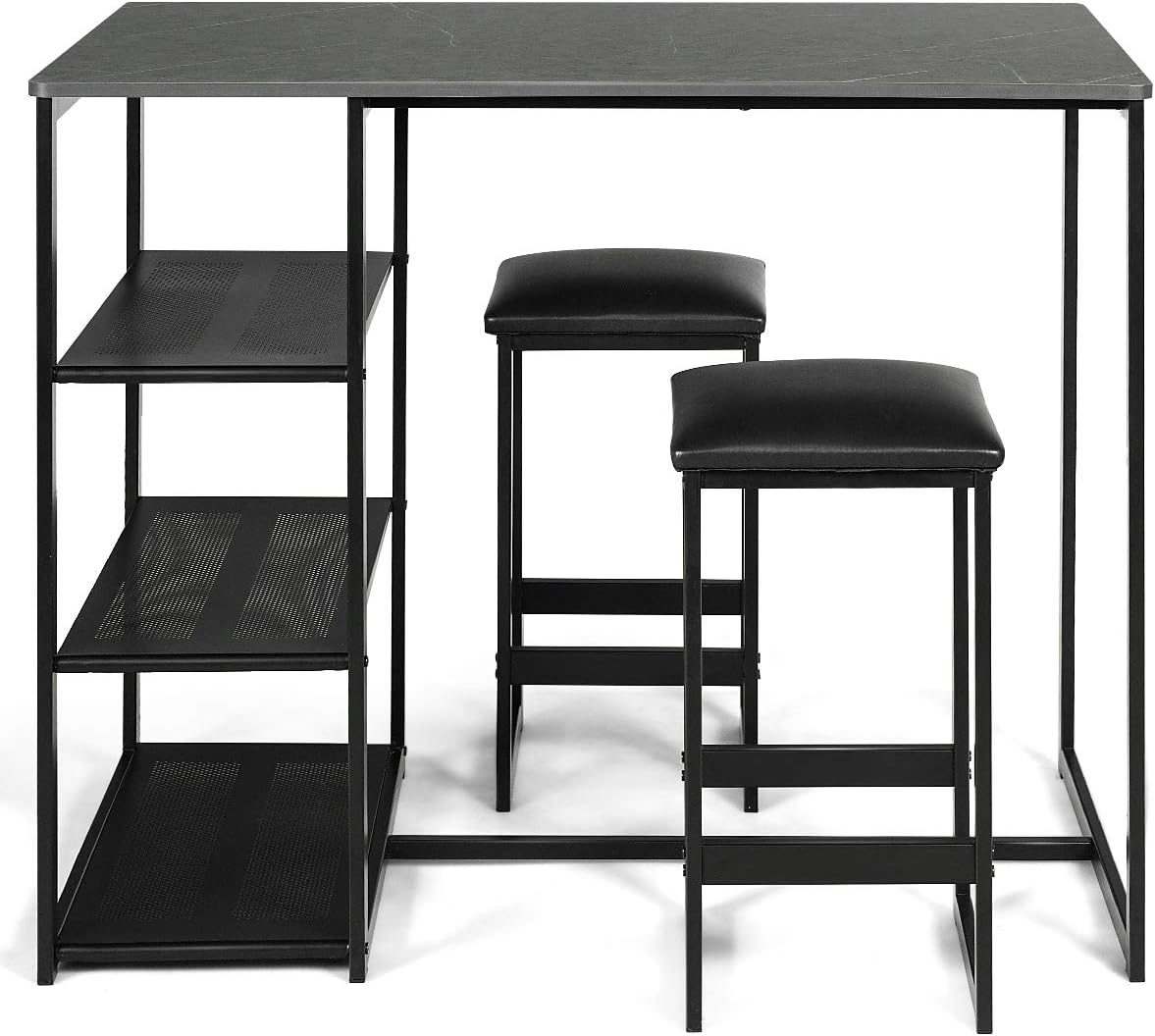 COSTWAY 3-Piece Dining Set, Compact 2 Chairs and Table Set, Kitchen Set with Rectangular Faux Marble, 3 Metal Storage Shelves, Fashionable Simple Style, Kitchen Counter Height Table Set (Black)