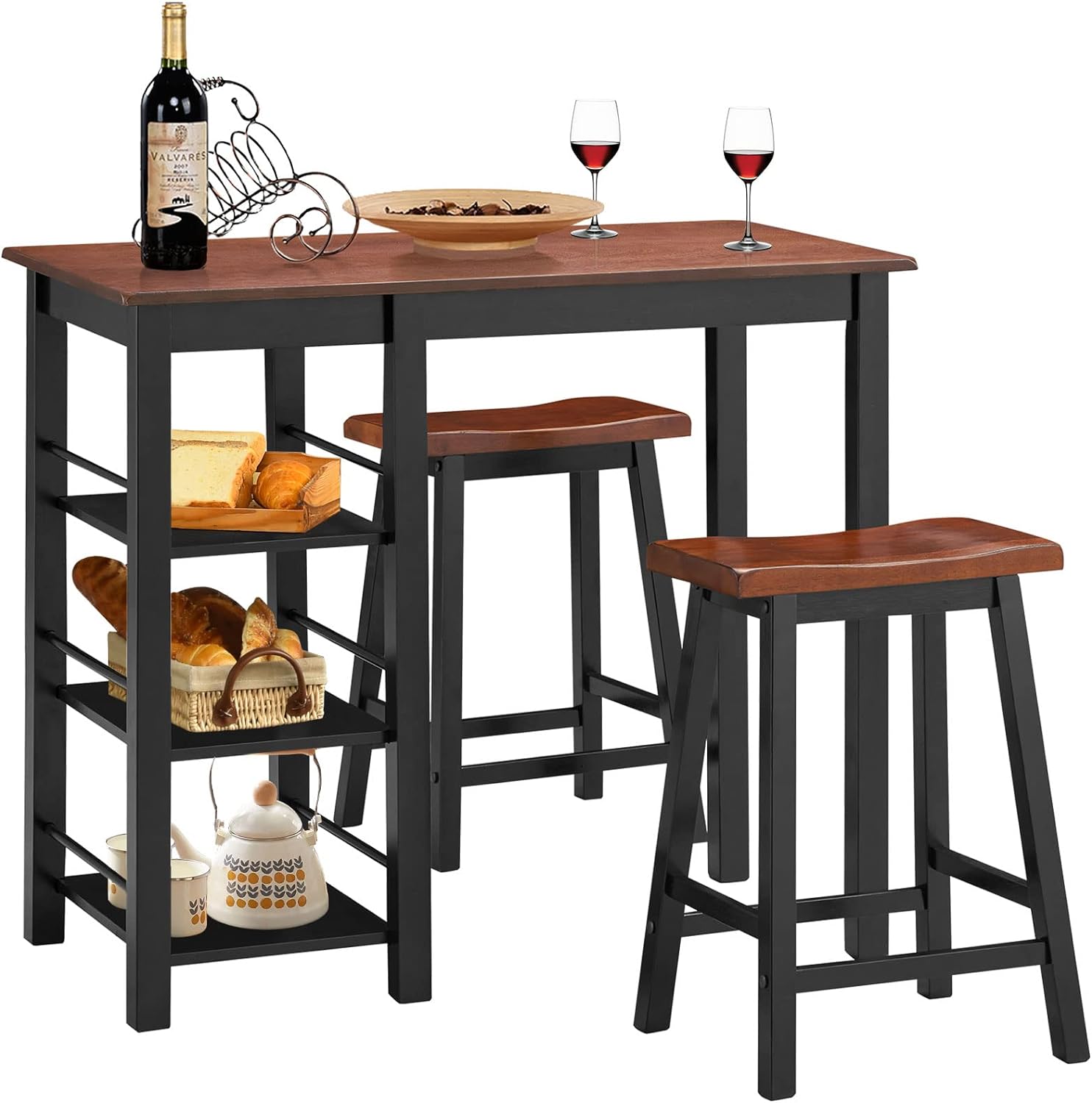 COSTWAY 3 Pieces Pub Table and Chair Set, Counter Height Dining Table Set with 2 Stools and 3 Storage Shelves, Industrial Wood Kitchen Table Set for Bar Bistro, Living Room, Restaurant