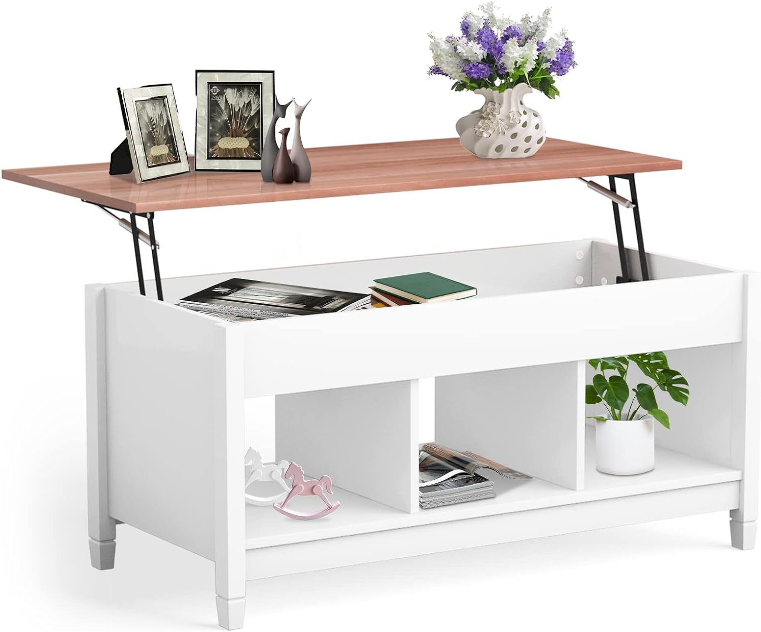 COSTWAY Lift Top Coffee Table, with Hidden Storage Compartment & 3 Open Shelves, Rectangular Cocktail Tea Table with Solid Wood Legs for Living Room Reception Room (White)