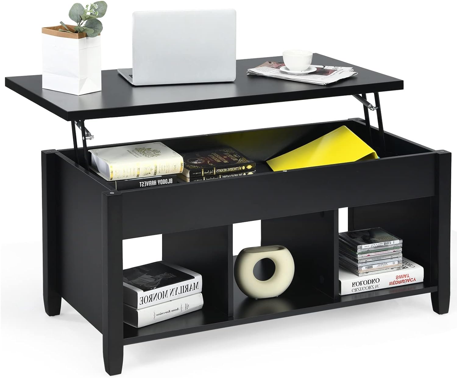 COSTWAY Lift Top Coffee Table, with Hidden Storage Compartment & 3 Open Shelves, Rectangular Cocktail Tea Table with Solid Wood Legs for Living Room Reception Room (Black)