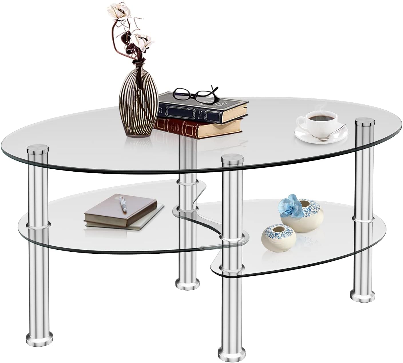 COSTWAY Glass Coffee Table, 3-Tier Sofa Side Table with Metal Tube Legs and Open Shelves, Modern Oval Coffee End Table for Living Room Office (Transparent)