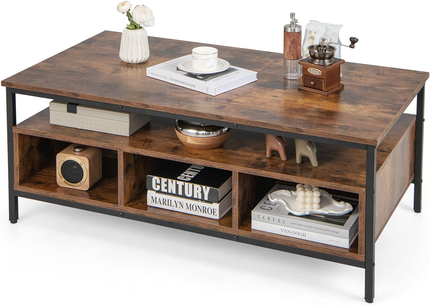 COSTWAY Industrial Coffee Table, 43 Wood Accent Tea Table with Open Shelf & 6 Storage Cubbies, Rectangle Center Table for Living Room, Reception Room, Bedroom