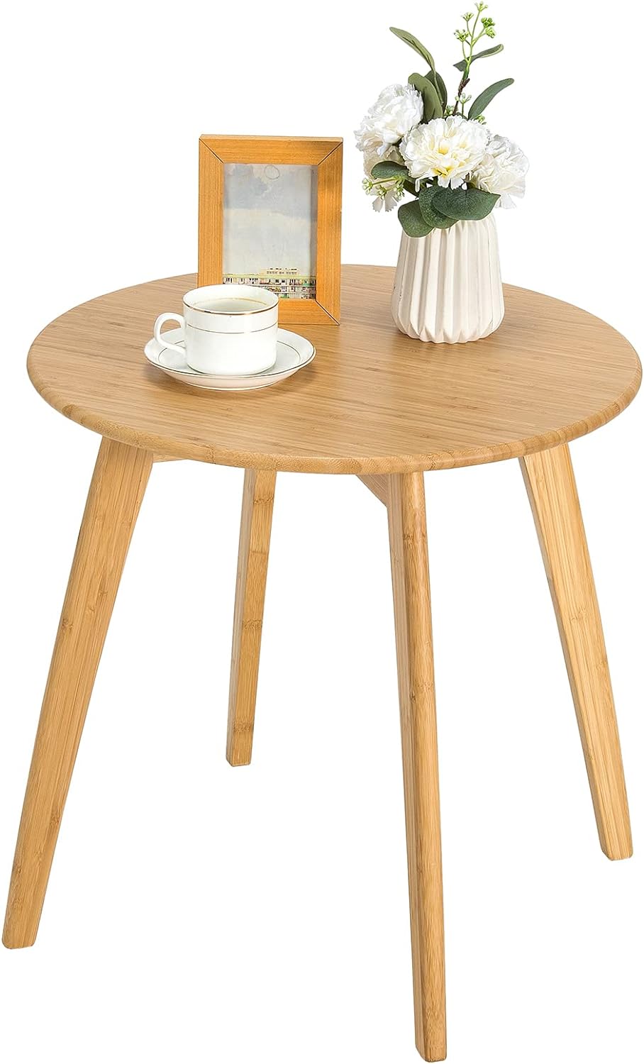 COSTWAY Round Side Table, Bamboo Accent Table Nightstand with 4 Splayed Legs, Small End Table Coffee Table for Living Room, Bedroom, Office, Small Spaces, 19.5D x 20H, Natural