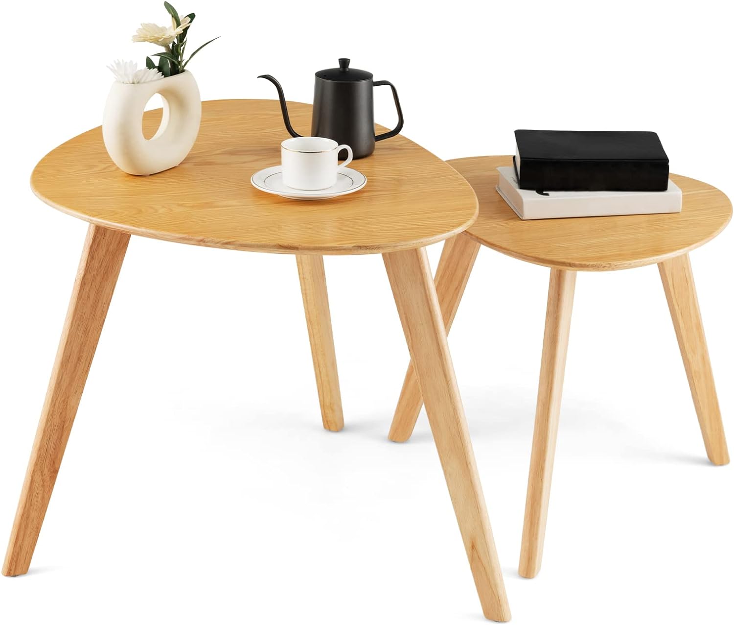 COSTWAY Nesting Coffee Table Set of 2, Solid Wood Sofa Side Table with Rubber Wood Legs, Triangle Center Cocktail Tea Table, Small End Table Set for Living Room, Bedroom, Office, Small Spaces, Natural