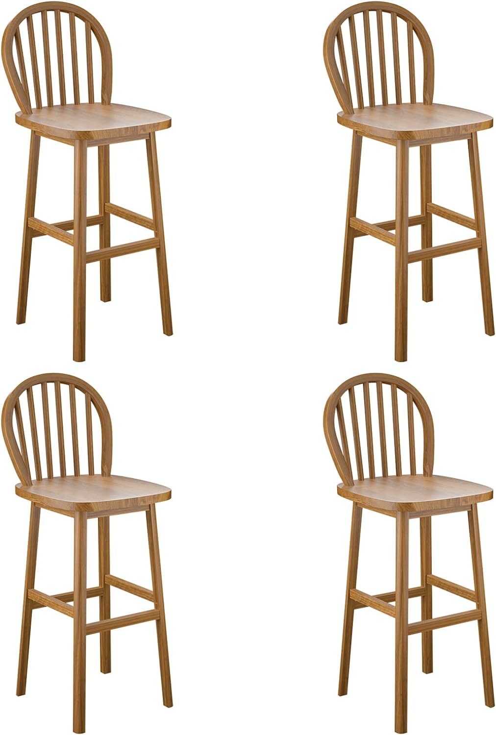 COSTWAY Windsor Bar Stool Set of 4, 30 Inch Bar Height Bar Stools with Back, Footrests, Easy Assembly, Rubber Wood Bar Height Bar Chairs for Kitchen Island, Dining Room, Bar, Pub, Bistro, Natural (4)
