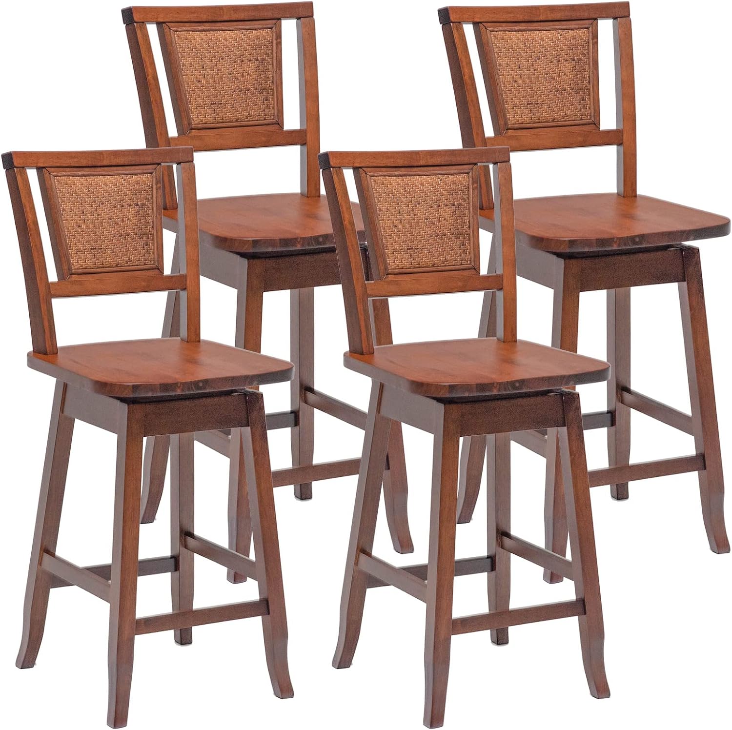 COSTWAY Bar Stools Set of 4, 24.5 Inch Counter Height Bar Stool with Rattan Back, 360Swivel Seat, Comfortable Footrests, Rubber Wood Bar Stools for Kitchen Island, Dining Room, Cafe, Pub (4)