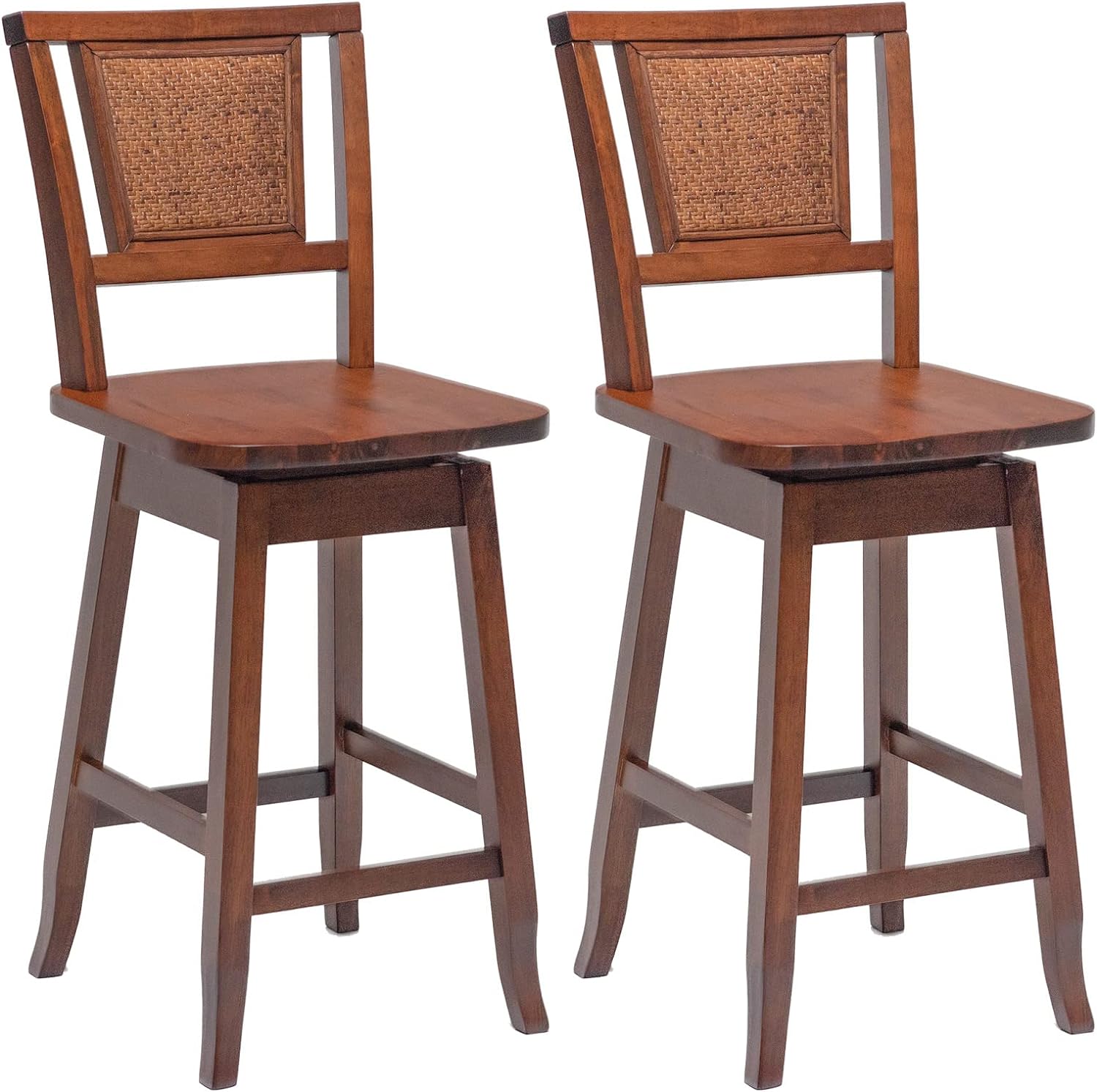 COSTWAY Bar Stools Set of 2, 24.5 Inch Counter Height Bar Stool with Rattan Back, 360Swivel Seat, Comfortable Footrests, Rubber Wood Bar Stools for Kitchen Island, Dining Room, Cafe, Pub (2)