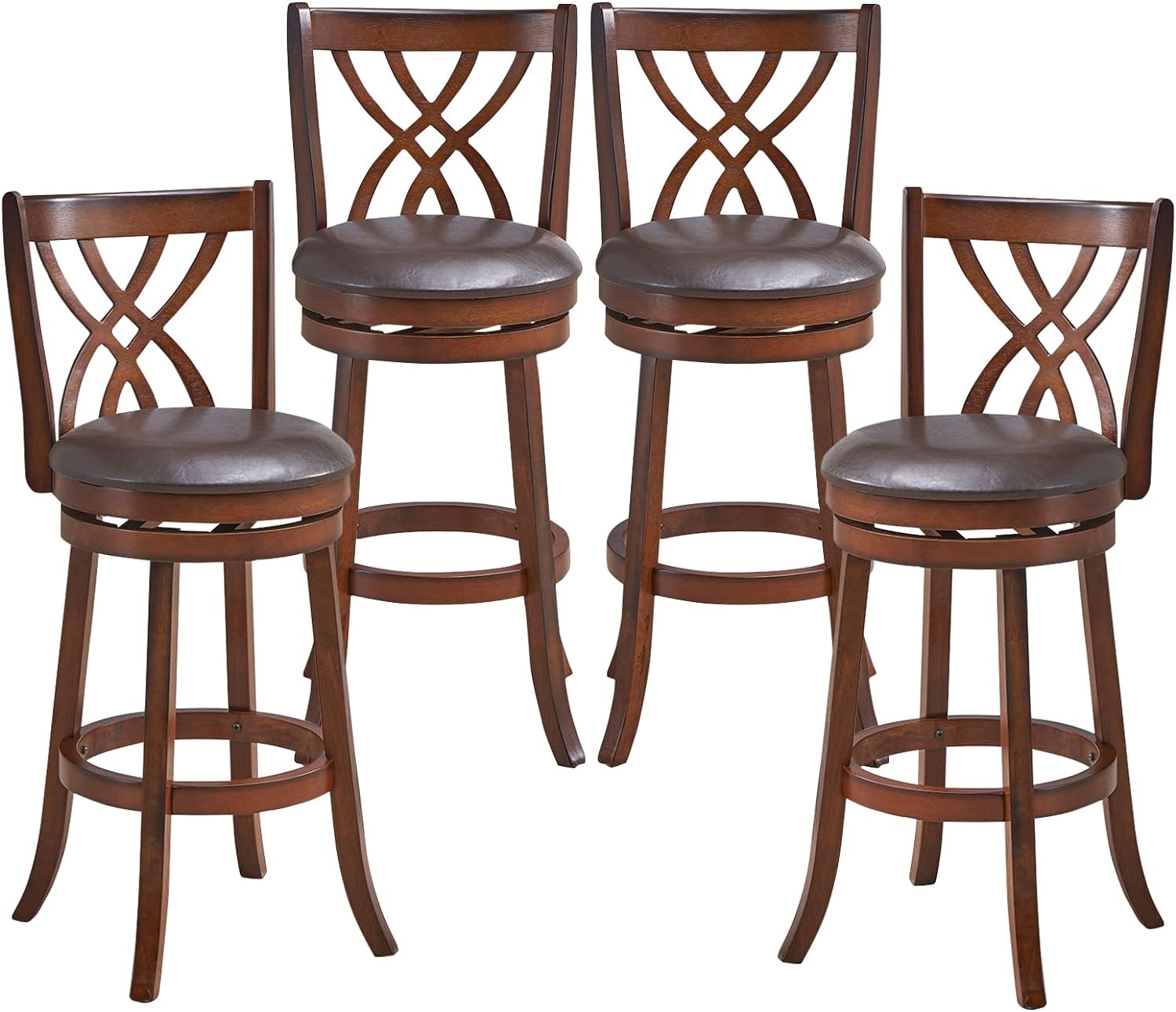 COSTWAY Bar Stools Set of 4, 360 Swivel Chairs with Rubber Wood Frame, 30-Inch PU Leather Cushioned Seat and Footrests, for Kitchen Island, Dining Room, Bar (Brown-30 inches, 4 stools)