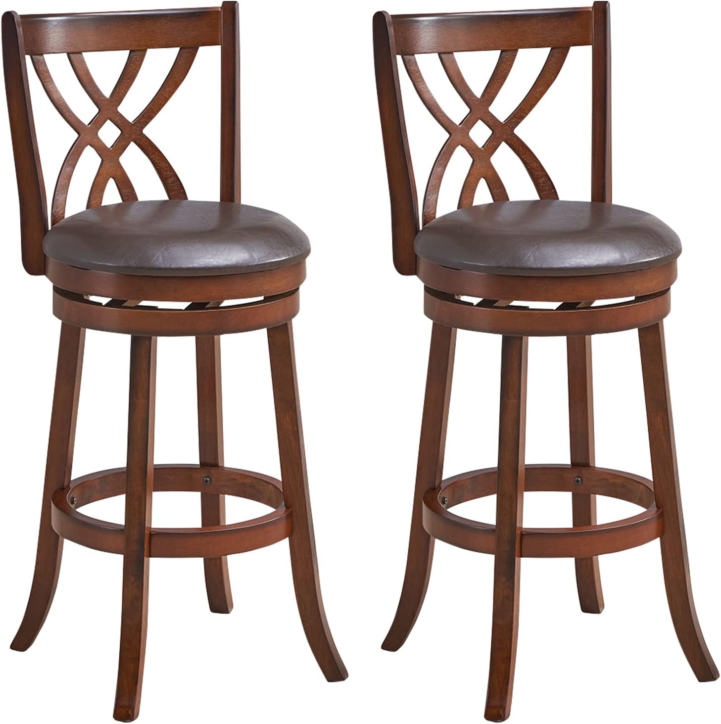 COSTWAY Bar Stools Set of 2, 360 Swivel Chairs with Rubber Wood Frame, 30-Inch PU Leather Cushioned Seat and Footrests, for Kitchen Island, Dining Room, Bar (Brown-30 inches, 2 stools)