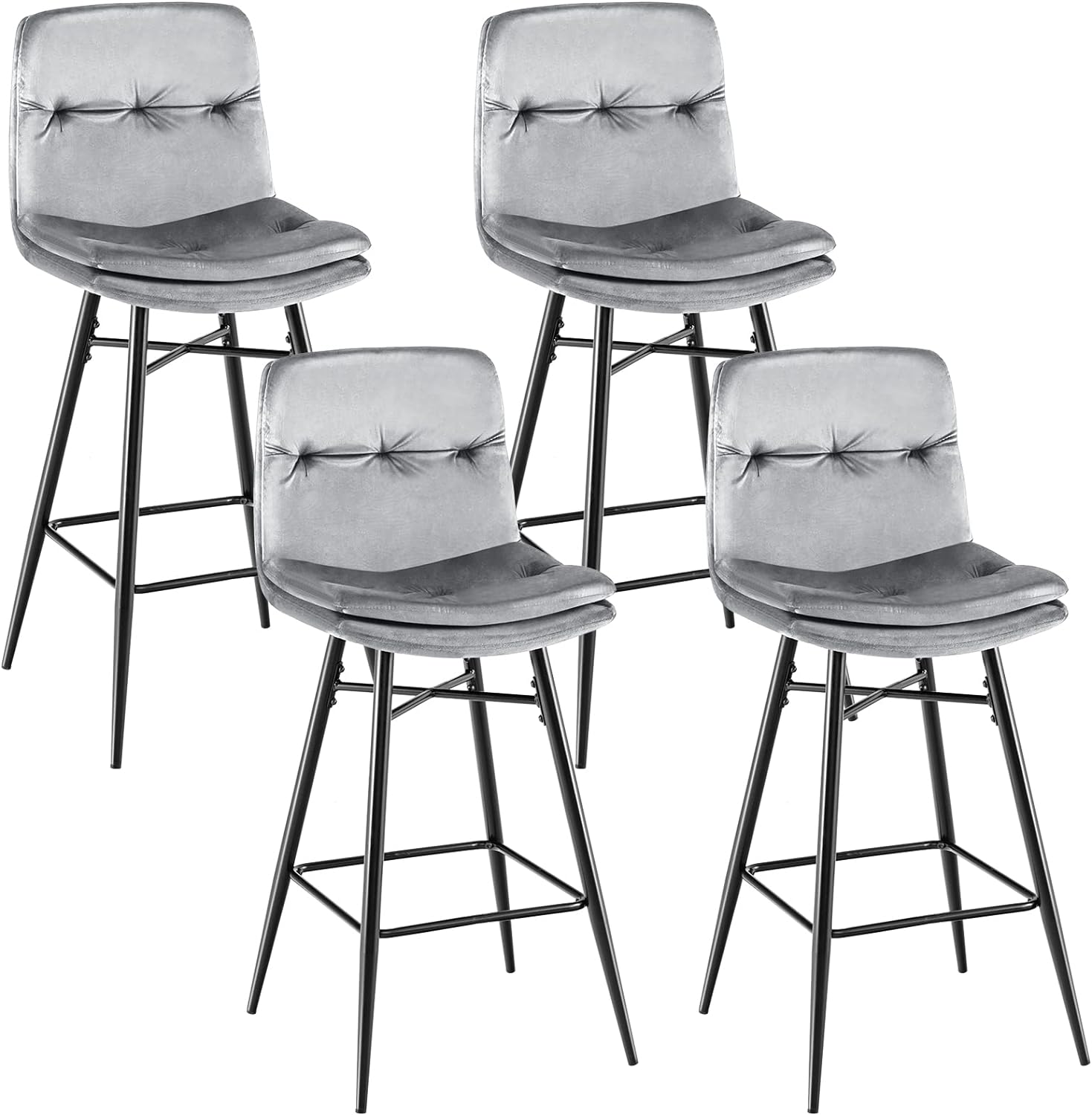 COSTWAY Set of 4 Grey Velvet Bar Stools with Tufted Back, Metal Footrests and Legs, Modern Upholstered High Bar Chairs for Kitchen Counter, Home Bar, Kitchen Island