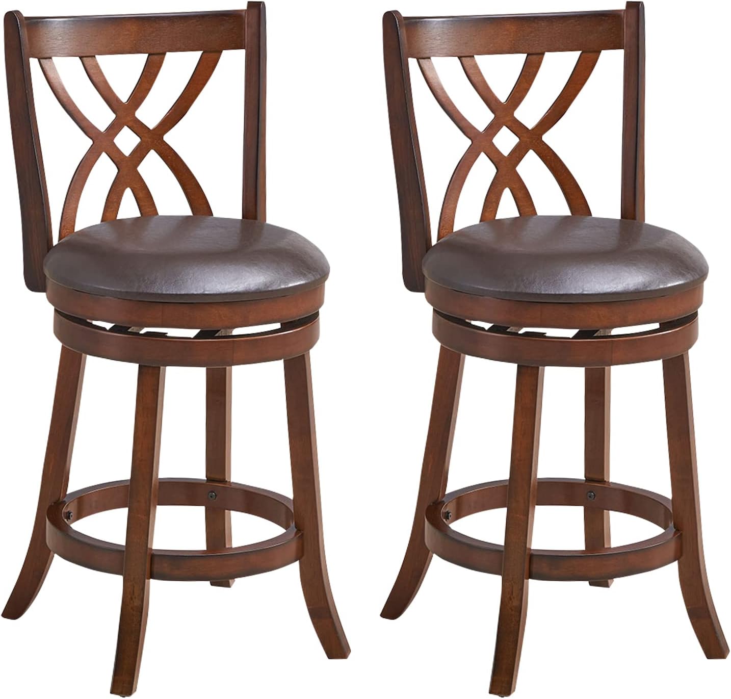 COSTWAY Bar Stools Set of 2, 360 Swivel Chairs with Rubber Wood Frame, 26 Inches PU Leather Cushioned Seat and Footrests, for Kitchen Island, Dining Room, Bar (Brown-26 inches, 2 stools)