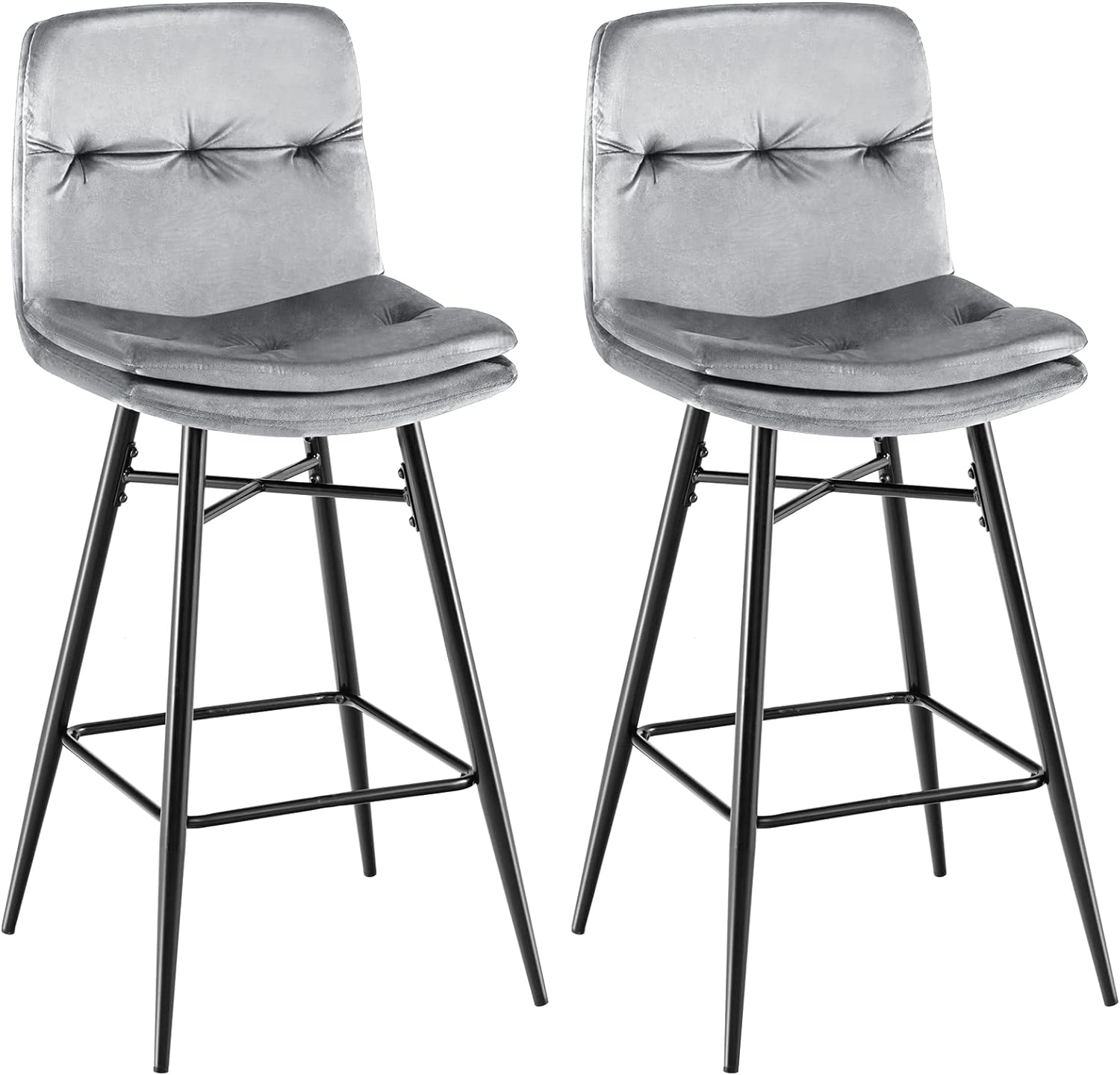 COSTWAY Set of 2 Grey Velvet Bar Stools with Tufted Back, Metal Footrests and Legs, Modern Upholstered High Bar Chairs for Kitchen Counter, Home Bar, Kitchen Island