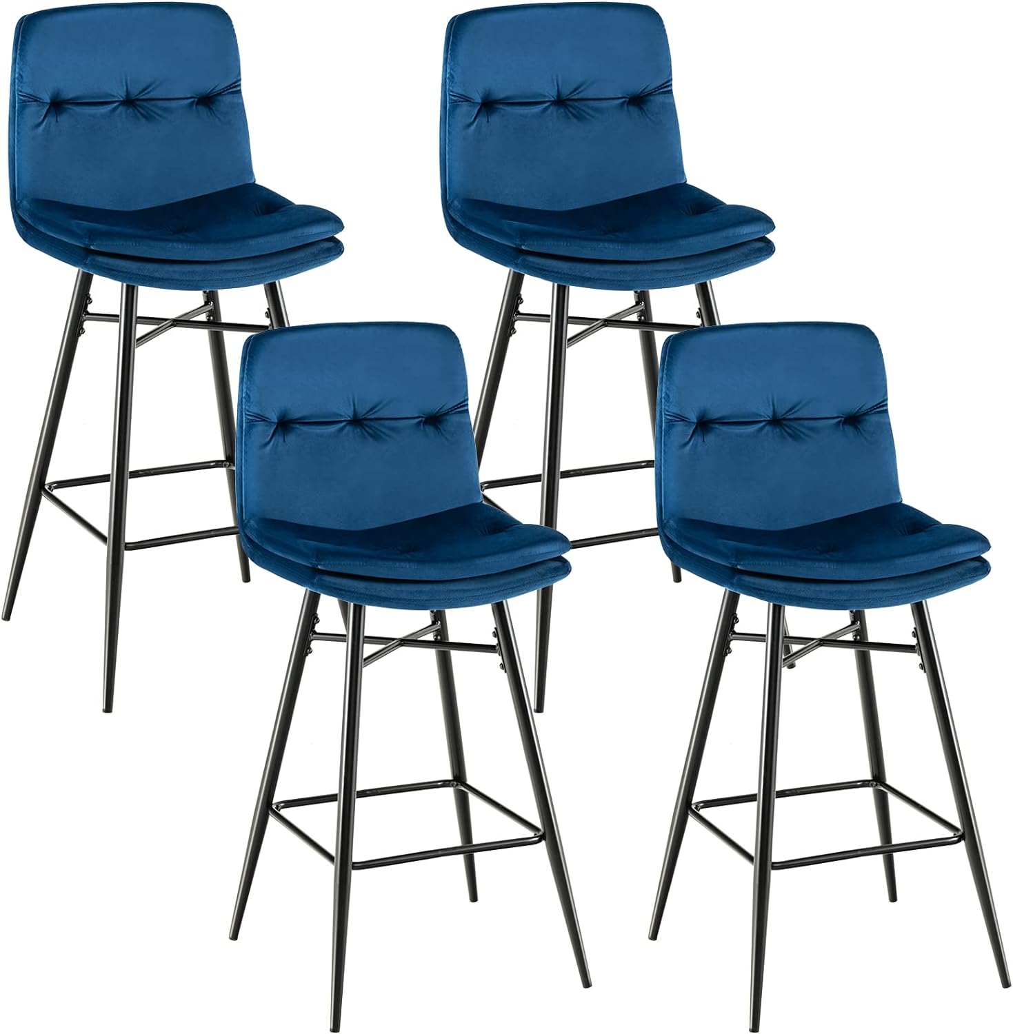 COSTWAY Bar Stools Set of 4, 28.5 Velvet Bar Height Chairs with Tufted Back, Metal Footrests and Legs, Modern Upholstered High Bar Chairs for Kitchen Counter, Home Bar, Kitchen Island (4, Blue)